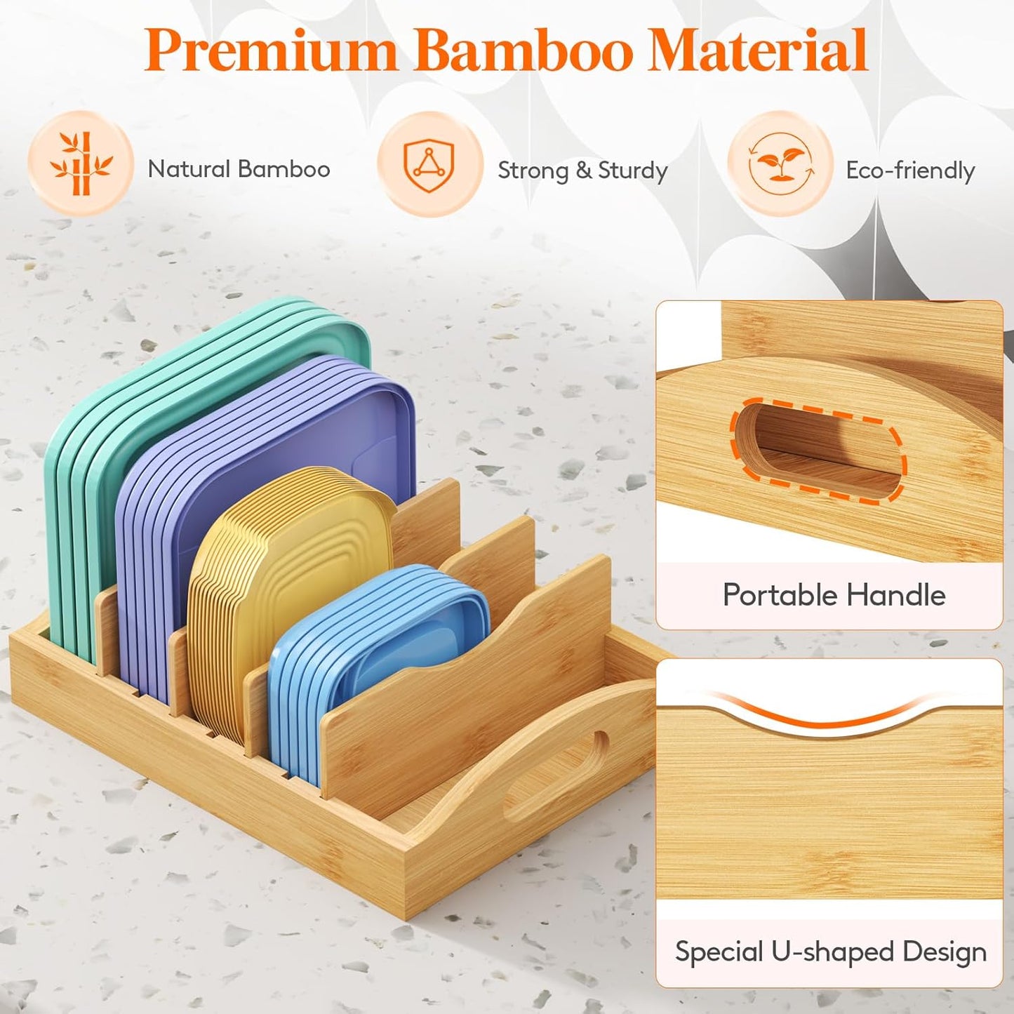Lifewit Bamboo Lid Organizers for Inside Cabinet, Food Storage Container Lid Holder with 4 adjustable Inserts & 5 Compartments, Lid Storage for Kitchen Pantry Organization, 10.6" X 8.3"