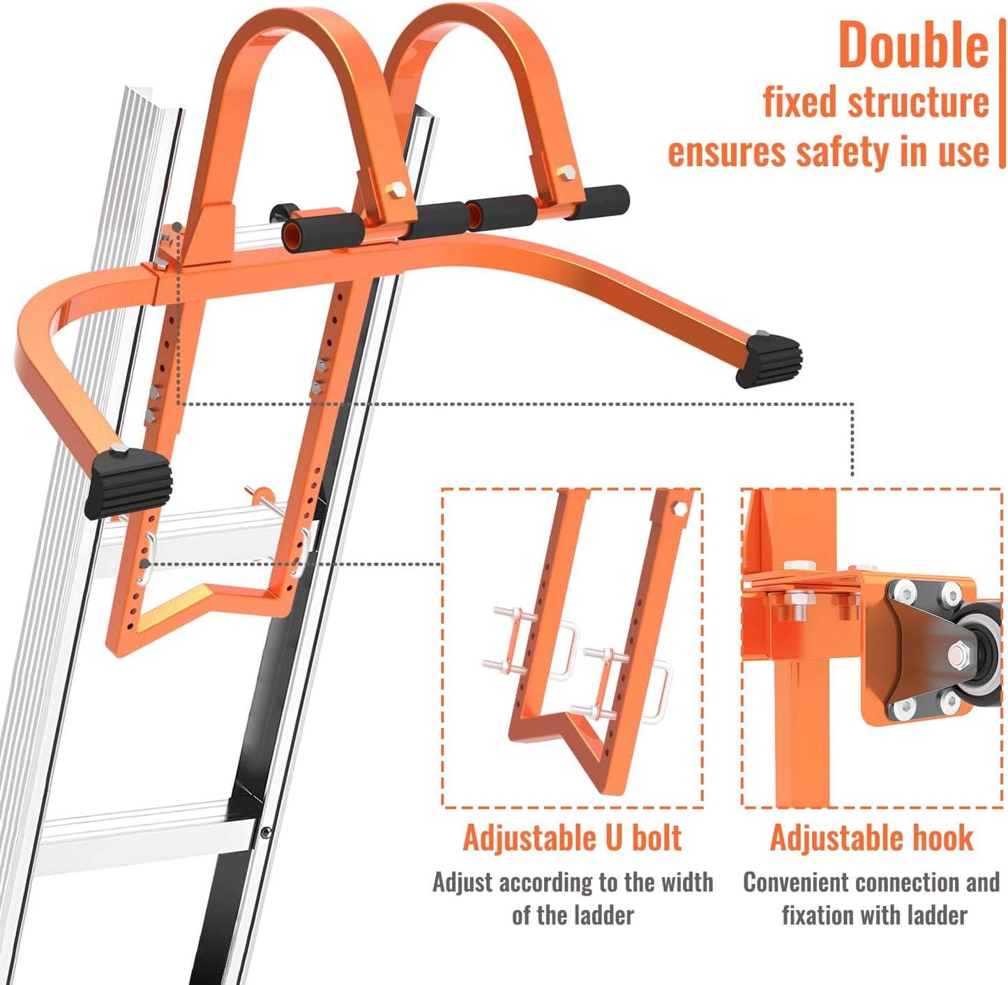 2 in 1 Ladder Stabilizer & Ladder Hook for Roof Ridge, Heavy Duty Ladder Roof Hooks with Rubber Grip T-Bar, Secure and Stable Ladder Standoff Arms for Roof Gutter with Anti-Slip Rubber Feet