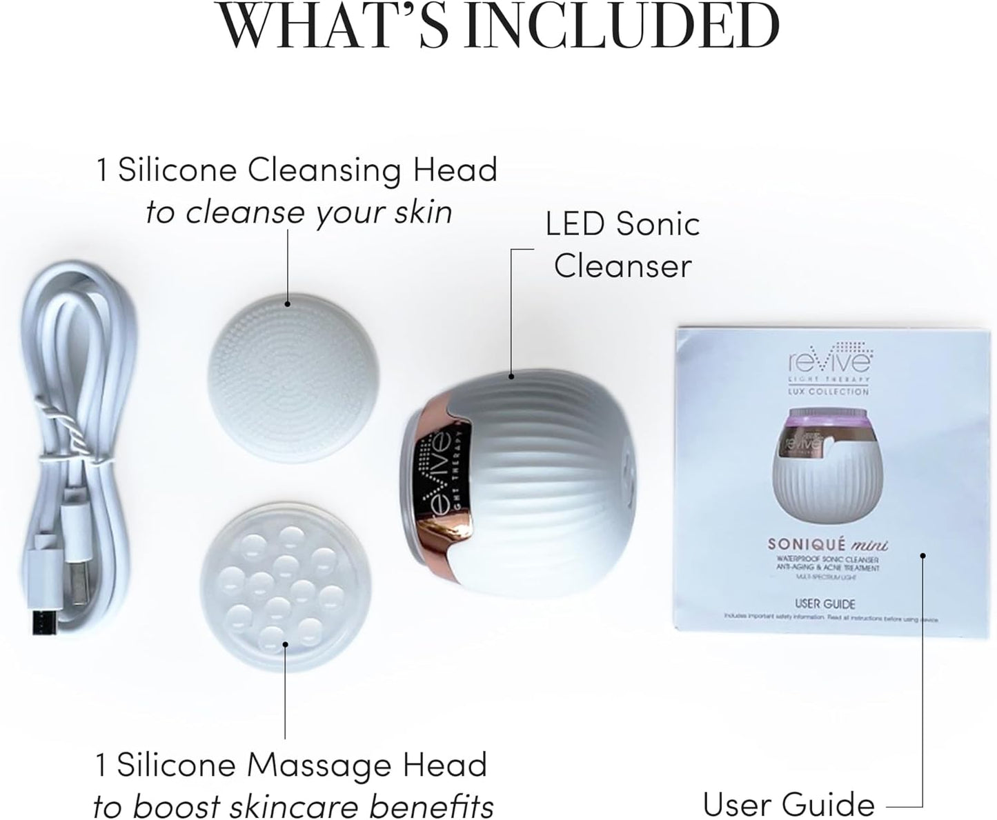 reVive Light Therapy Lux Collection Soniqué Mini, Rechargeable Sonic Face Cleanser Brush with Medical-Grade Blue & Red Light Therapy for Face, Acne & Wrinkle Care, Water-Resistant