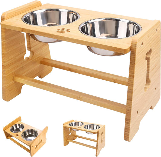 HTB Elevated Dog Bowls, Adjustable Pet Bowl Stand (Bamboo, 2 in 1-6.5'' or 11.8'')