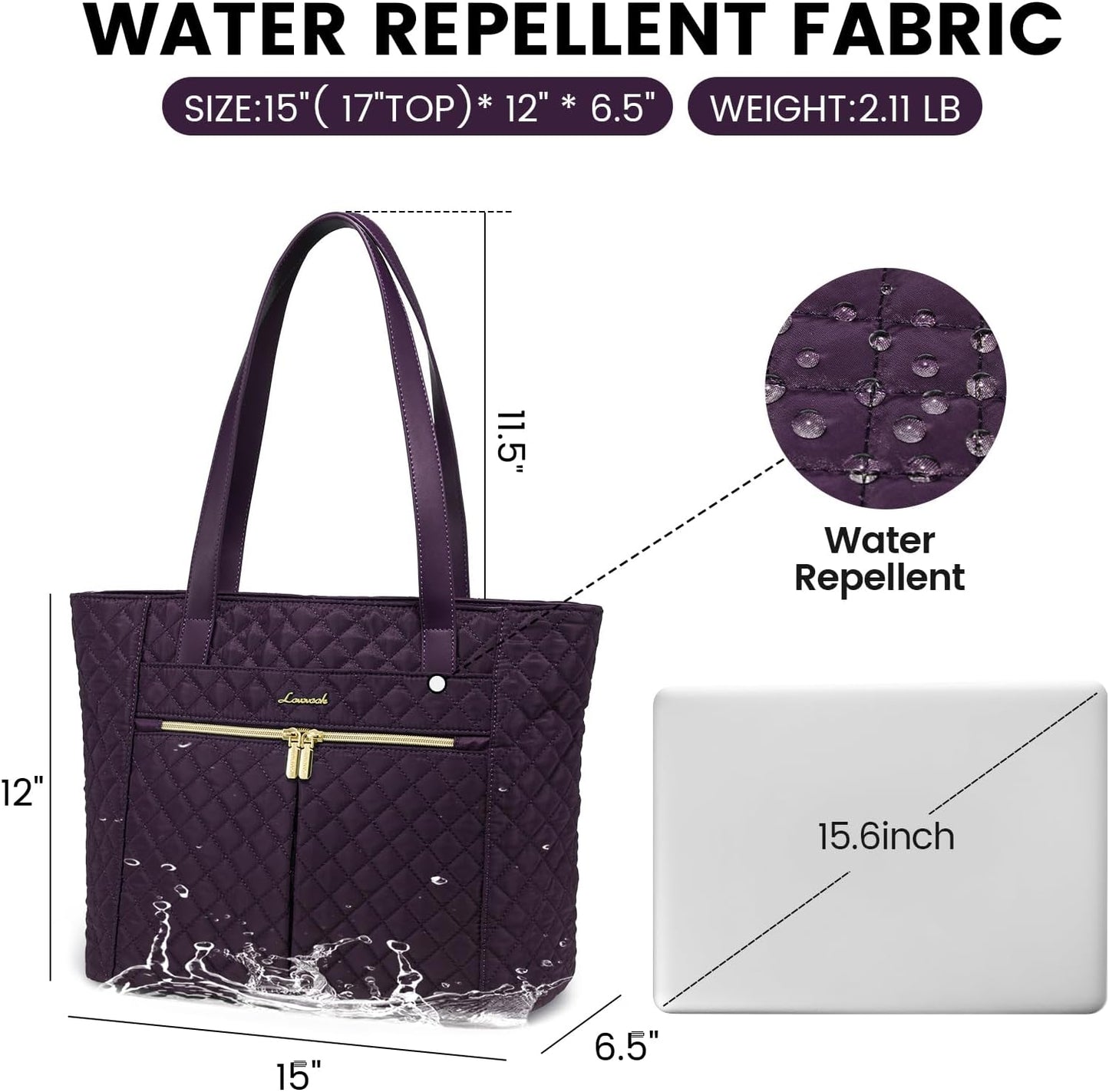 LOVEVOOK Laptop Bag for Women, Stylish Diamond Quilted Work Tote with Clutch Purse, 15.6-inch Purple Tote