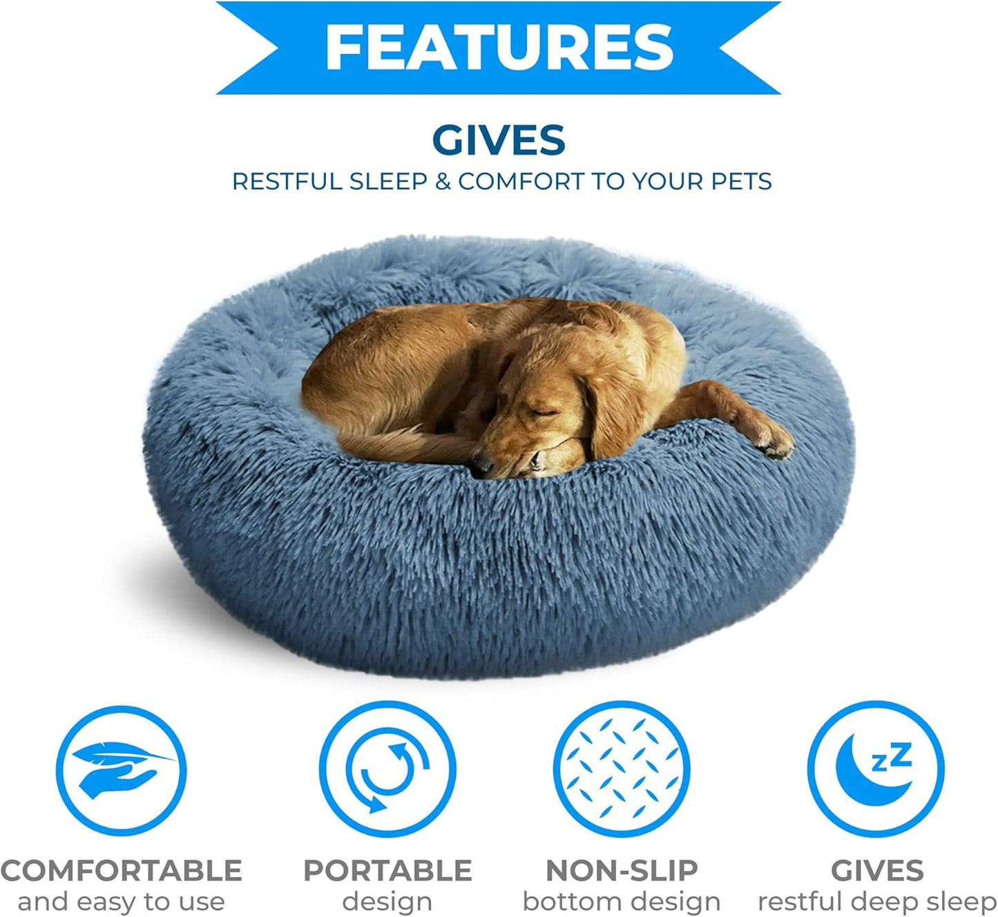 Whiskers & Friends Dog Bed, Round Fluffy Dog Beds for Small Dogs Washable, Calming Donut Pet Bed for Medium Dogs - Up to 45 Pounds