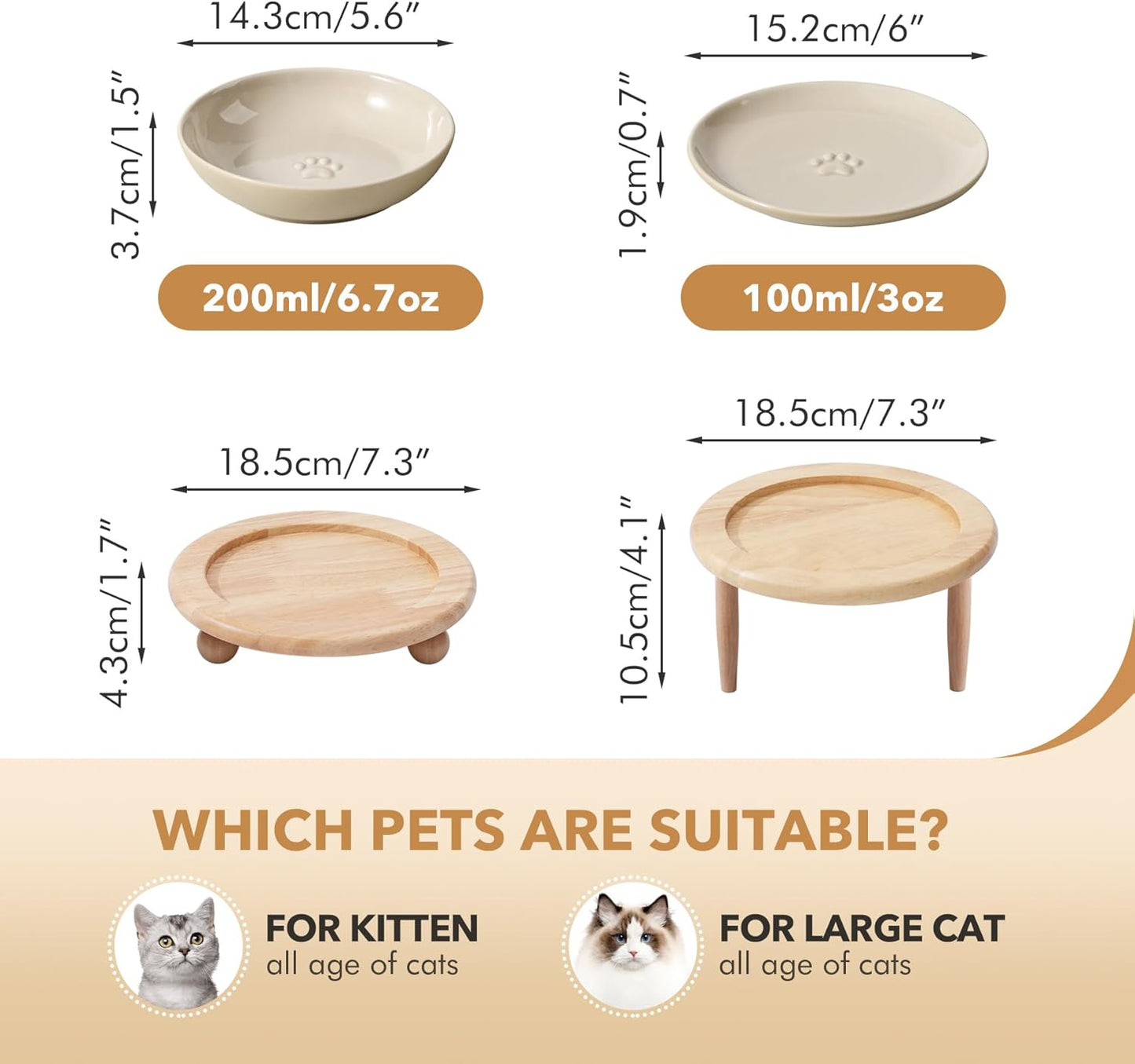 Raised Ceramic Wide Whisker Friendly Cat Dishes, Food&Water Bowl with 2 Style Stand Adjustable Pet Bowl Set(1Dish+1Shallow Dish+Stand