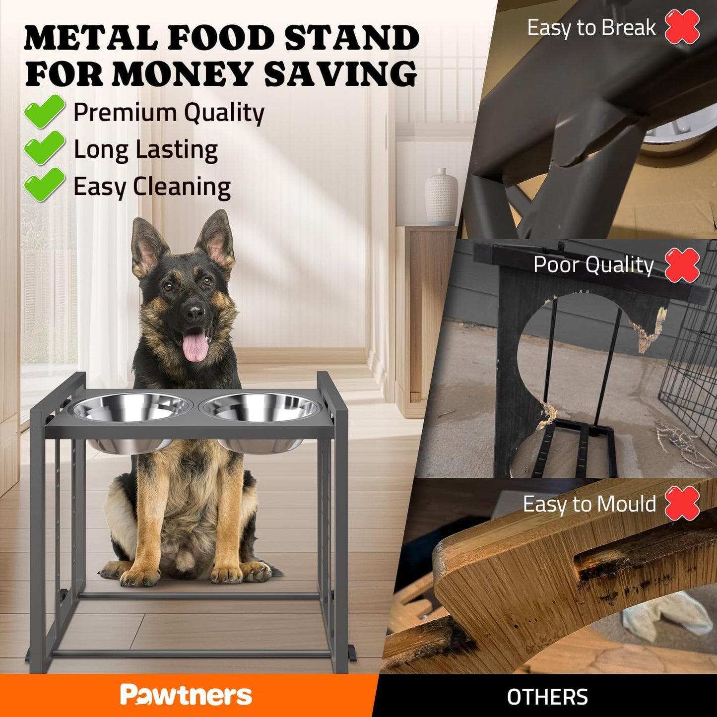 Elevated Dog Bowls for Medium Breed: 4 Height Adjustable Raised Dog Bowl Feeder Station with 2 Stainless Steel Bowls, Grey