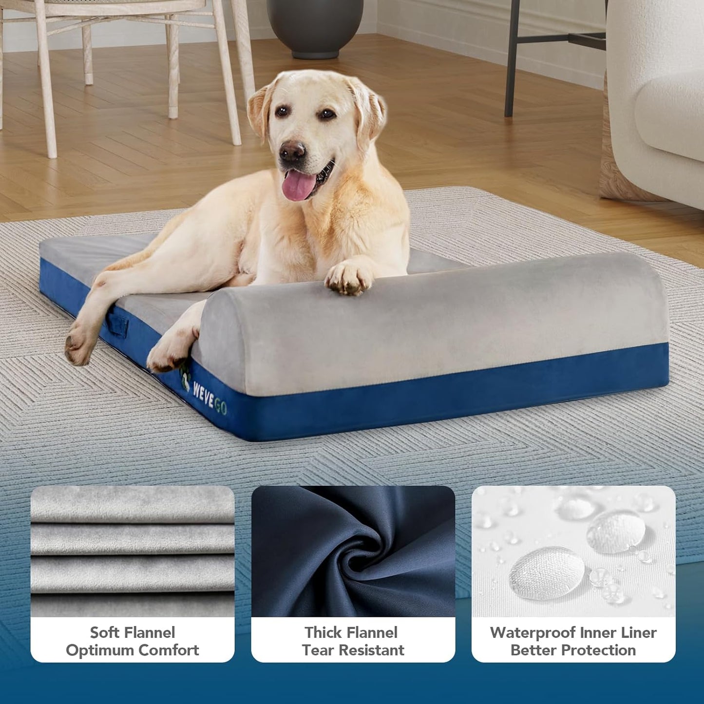 Jumbo Orthopedic Dog Bed With Pillow, Thick Gel Memory Foam, Removable Cover & Waterproof Liner, Durable Flannel Fabric for Large Dogs