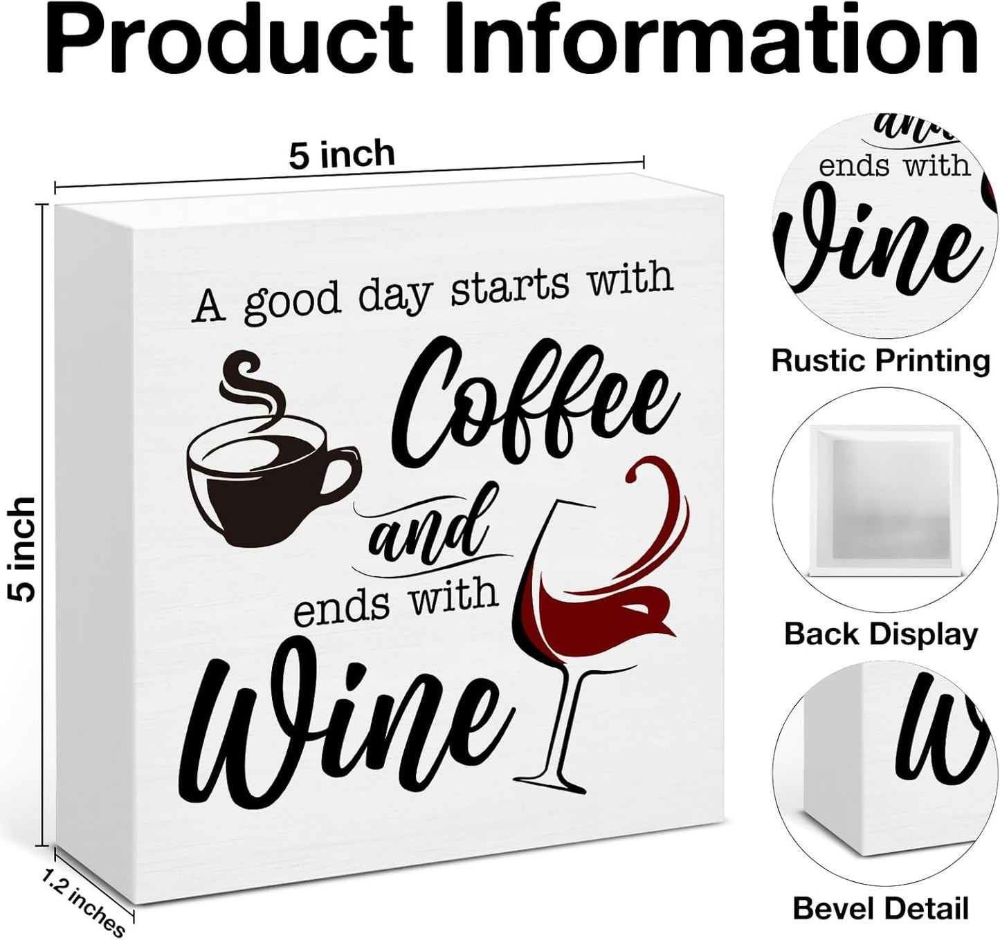 Coffee Wine Bar Decor Sign, Gifts For Colleagues Friends, Rustic Wood Block Sign for Home Kitchen Bar Shelf Table Decoration 5 x 5 Inches