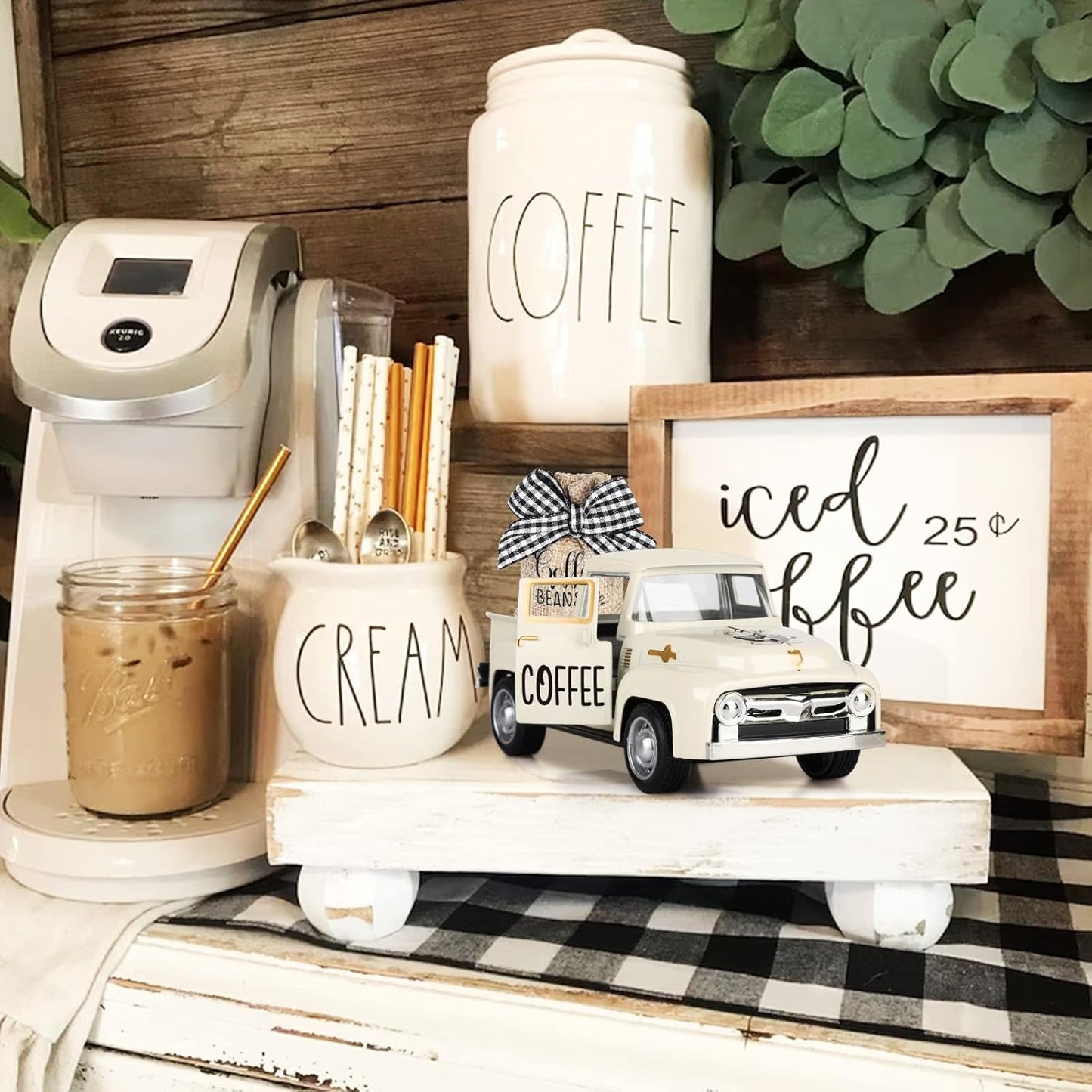 Hooqict Coffee Decor for Coffee Bar Metal Truck with Coffee Beans Burlap Sack Vintage Pickup for Farmhouse Kitchen Decor Coffee Station Home Coffee Bar Accessories Coffee Shop Decor