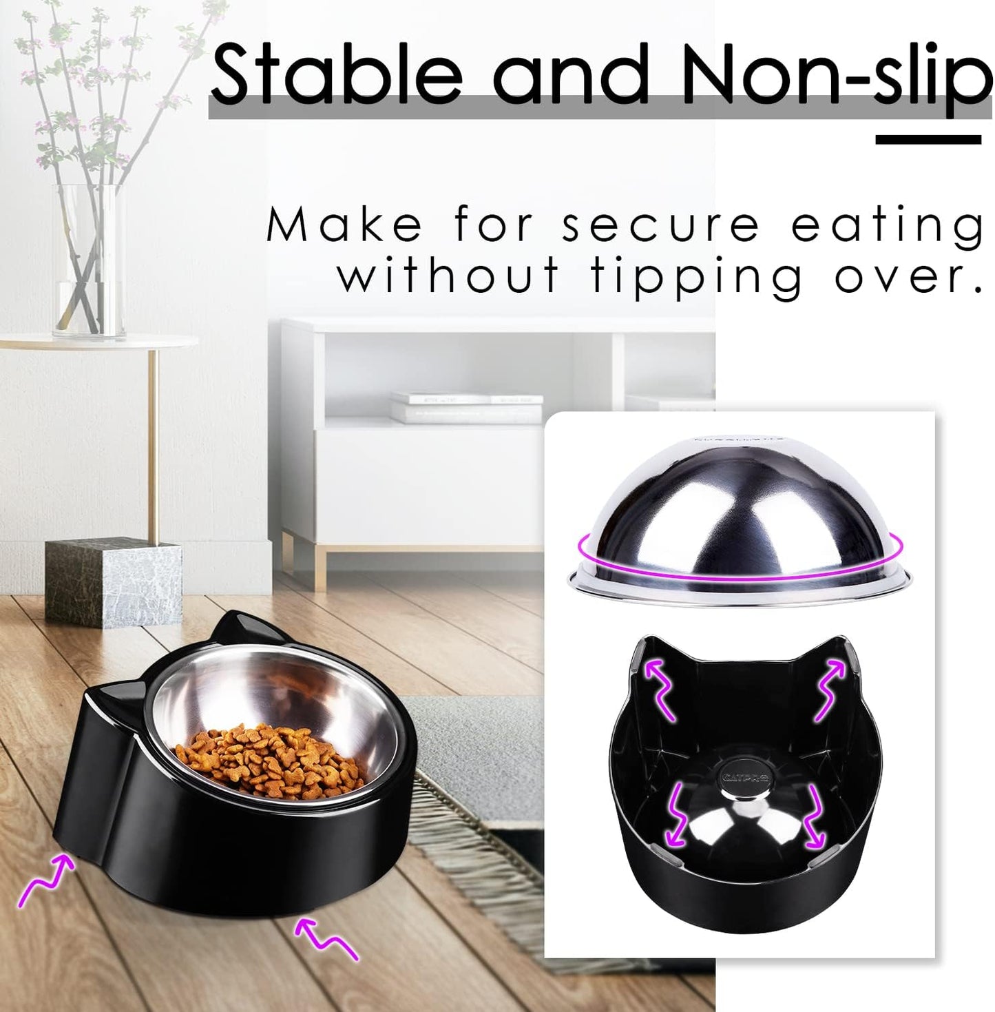 Tilted Cat Feeder Bowl, 15 Slanted, Orthopedic, Anti-Vomiting, Spill Proof, Raised, Stainless Steel, Tilted Angled Cat Food Bowl, Black