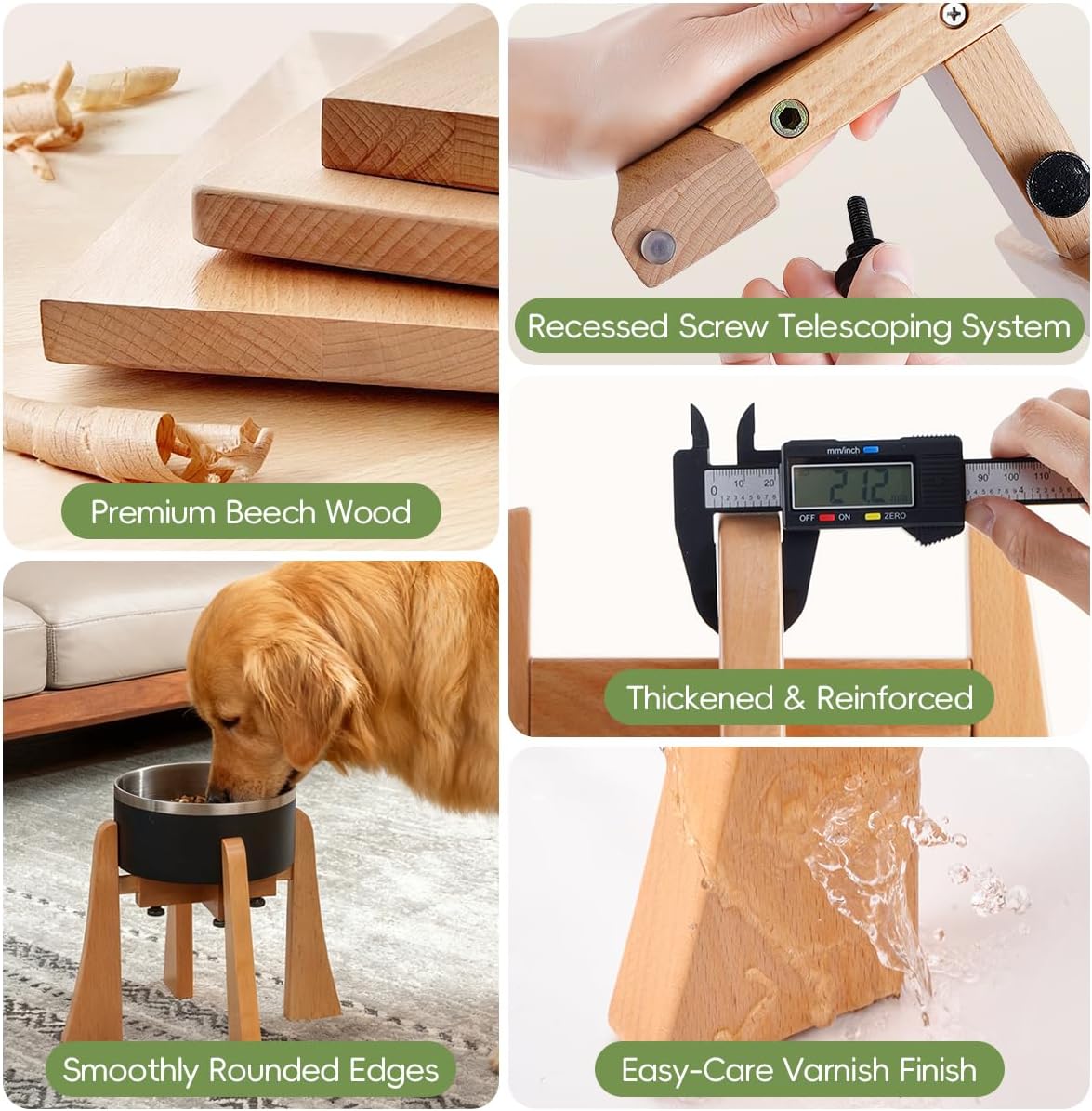 Elevated Dog Bowl Stand - Nature Beech Wood Stand 10-inch High Neck-Protecting Raised Stand for Medium & Large Sized Dog Adjustable Bowl Base Non Toxic Pet-Friendly Feeder Stand