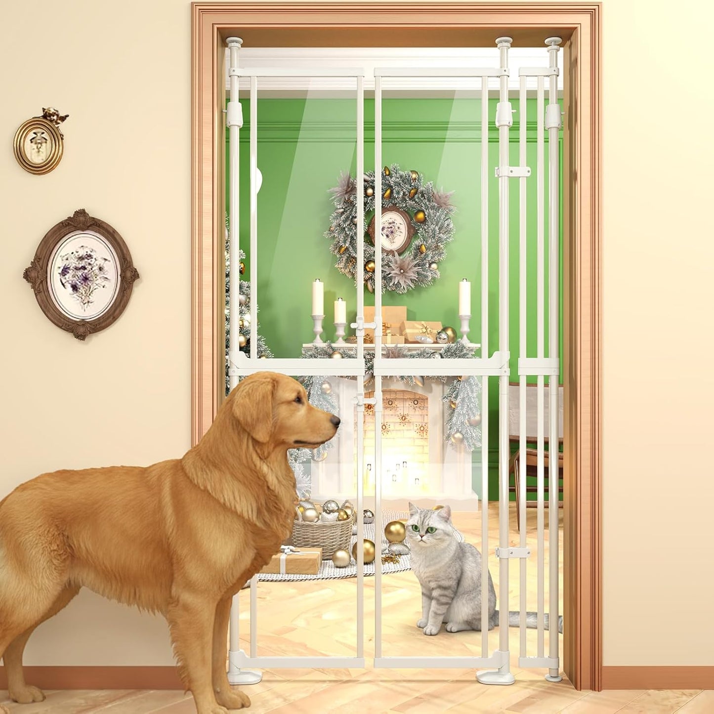 74"-98.5" Extra Tall Cat Gate for Doorway, Wide Adjustable 33.85-42" Clear Dog Gate Acrylic, Pressure Mounted Stairs, House, Innovation Double Opening Pet Gate,White
