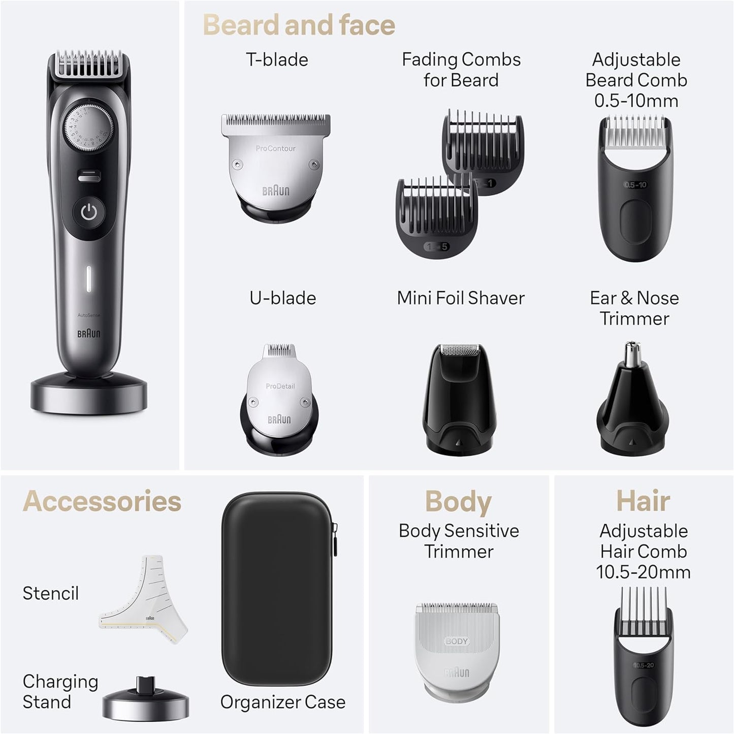Braun Series 9 All-in-One Multi Grooming Kit for Men, 13-in-1 Beard Trimmer, Body Groomer, Hair Clipper and Manscaping for Face & Body, 9440