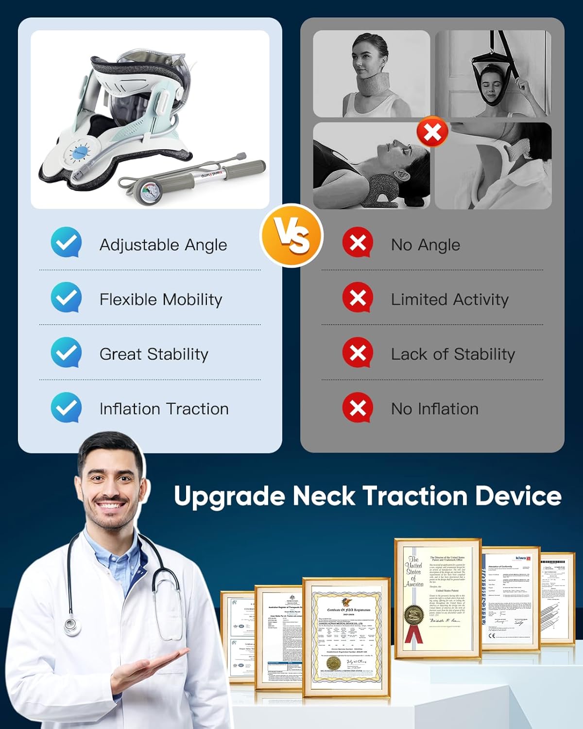 Cervical Traction Device with Air Collar: Inflatable Neck Stretcher for Pain Relief, Posture Correction, Spine Alignment, Reduce Disc Pressure - Targeted Traction for Daily Use