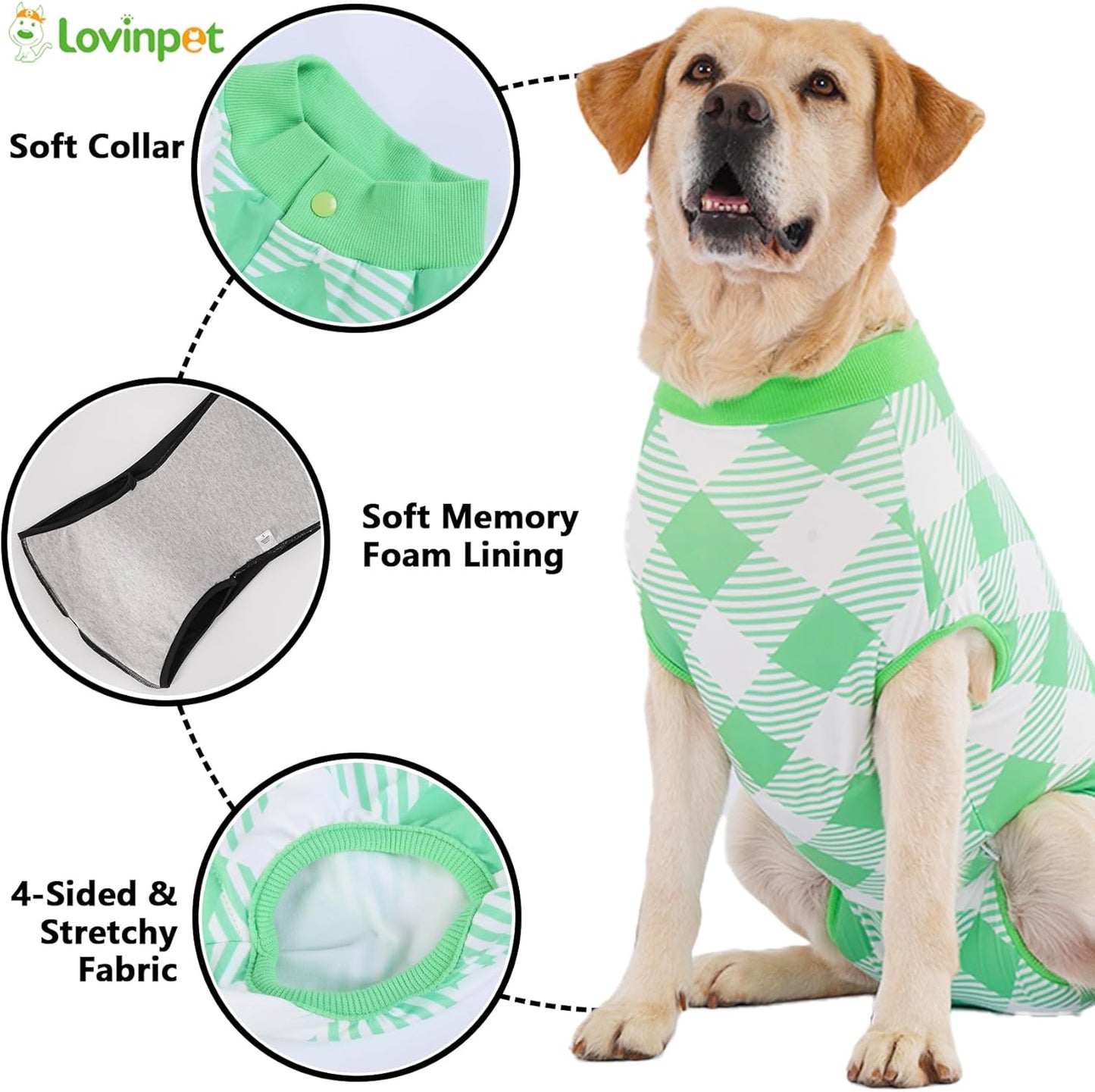 LovinPet Female Dog Recovery Suit for Spay and Post-Op Rest, Plaid Belly Coverage Bodysuit with Soft Cushion Panel, Post-Surgery Clothes for Large Dogs, Green, XXL