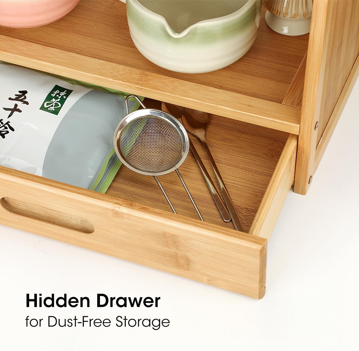 AIEVE Matcha Station Organizer, 2-Tier Bamboo Shelf with Hidden Drawer, Coffee Station Organizer Mug Holder Shelf for Matcha Whisk Set Bowl Cup Scoop Sifter