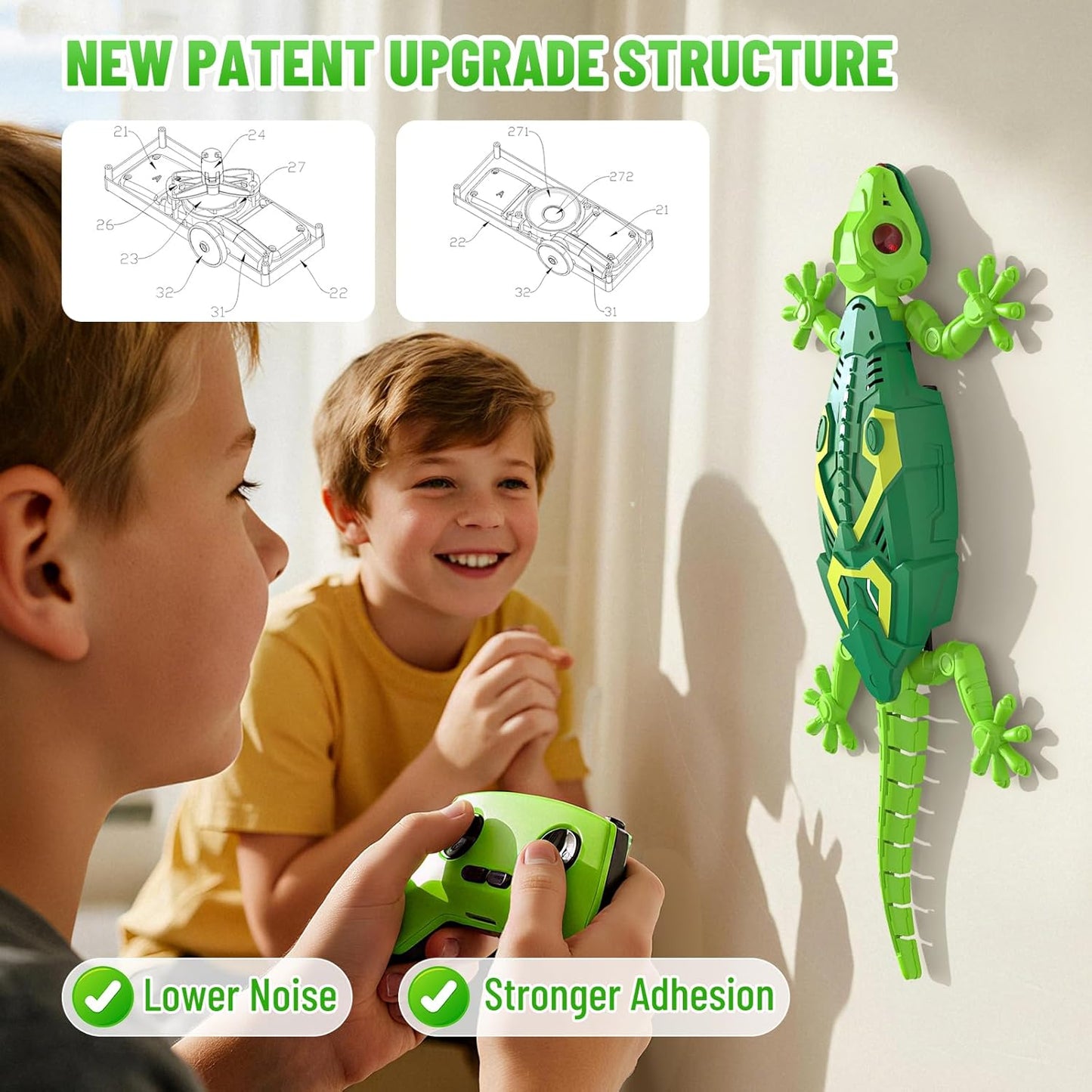 RC Wall Crawler Gecko, Rechargeable Remote Control Robot Kids Toys, Wall Climbing Funny Prank Toys Birthday Gifts for Boys & Girls Ages 4 and Up, Upgrade Low Noise (Green)