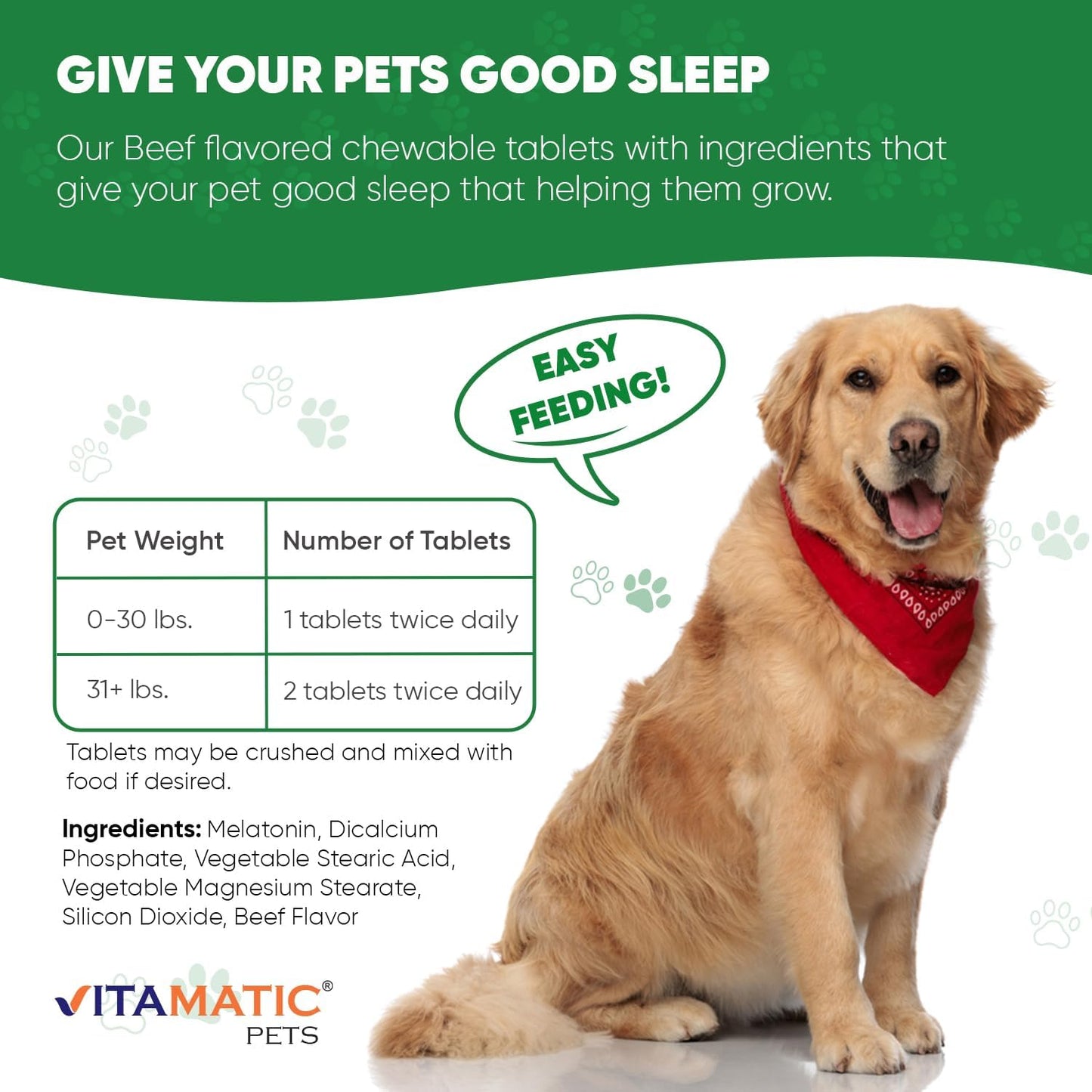 Vitamatic Melatonin for Dogs – 6 mg – 120 Chewable Tablets (Pack of 3) Beef Flavored – Natural Calming Aid for Dogs – Non-Habit Forming – Stress & Sleep Support