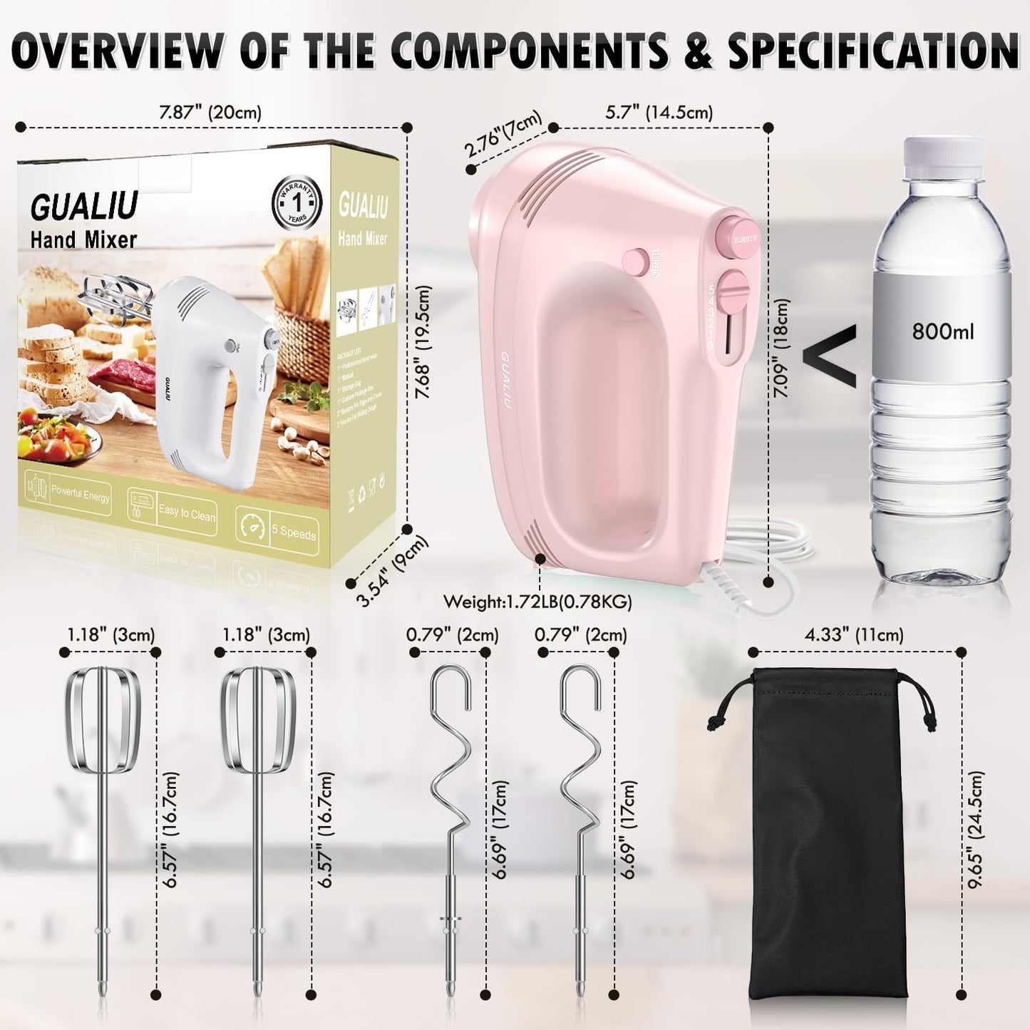 Electric Hand Mixer with Stainless Steel Whisk, Dough Hook Attachment and Storage Bag, Handheld Mixer for Baking Cakes, Eggs, Cream Food Mixers. Turbo Boost /5 Speed Kitchen Blender PINK