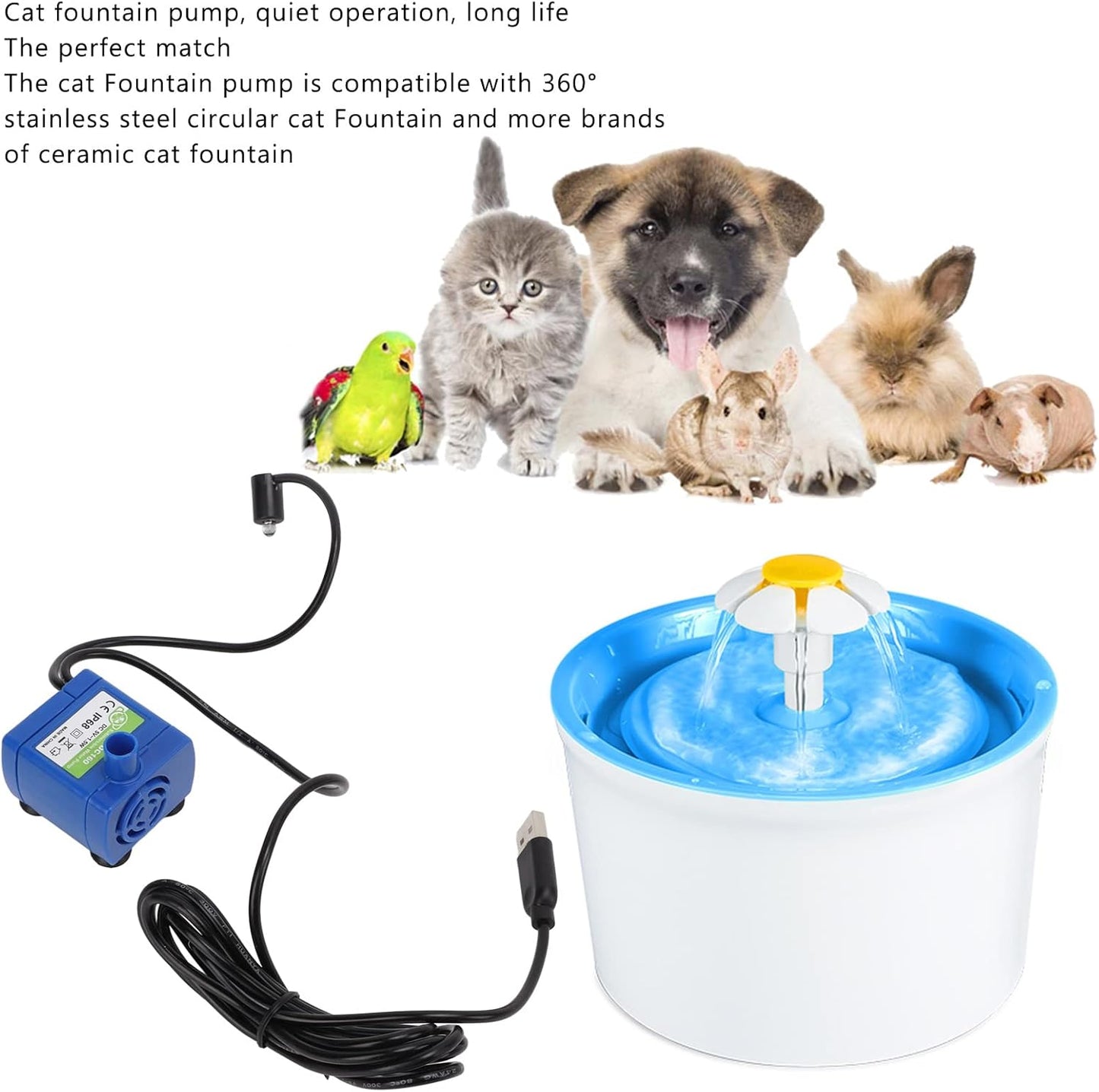 Zerodis USB Ultra Quiet Cat Water Dispenser Pump, Compatible Multiple Types Pet Fountain, Easy To Disassemble and Clean, Strong Suction Cups, Detachable, ABS Material, Ground, 5V, Pump