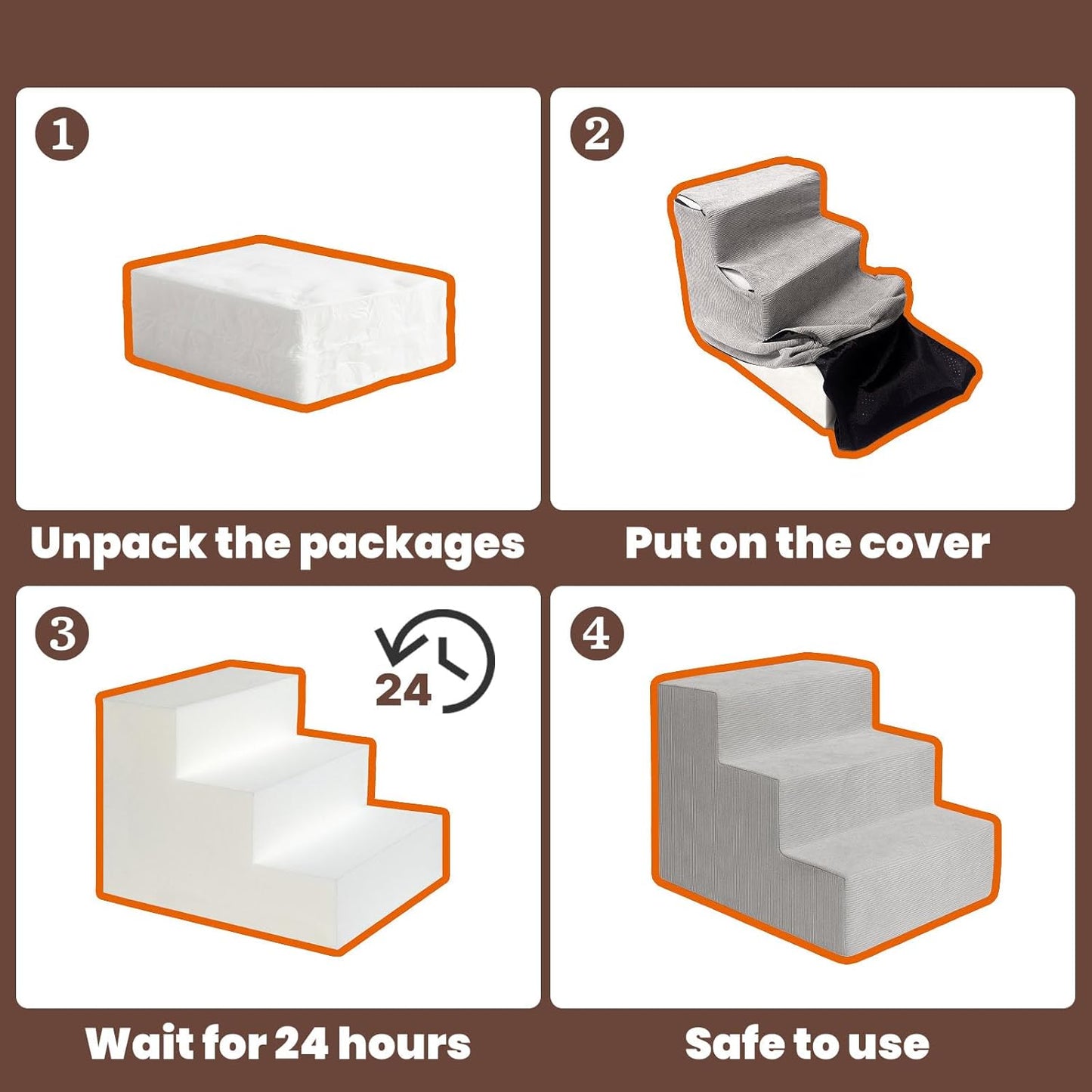 MEWANG Dog Stairs for Small Dogs, Medium Dogs & Old Cats – 4-Step Pet Ramp with High-Density Foam for Bed and Couch, Non-Slip Bottom, Washable Cover, Grey (23.9" L x 14.9" W x 18.2" H)
