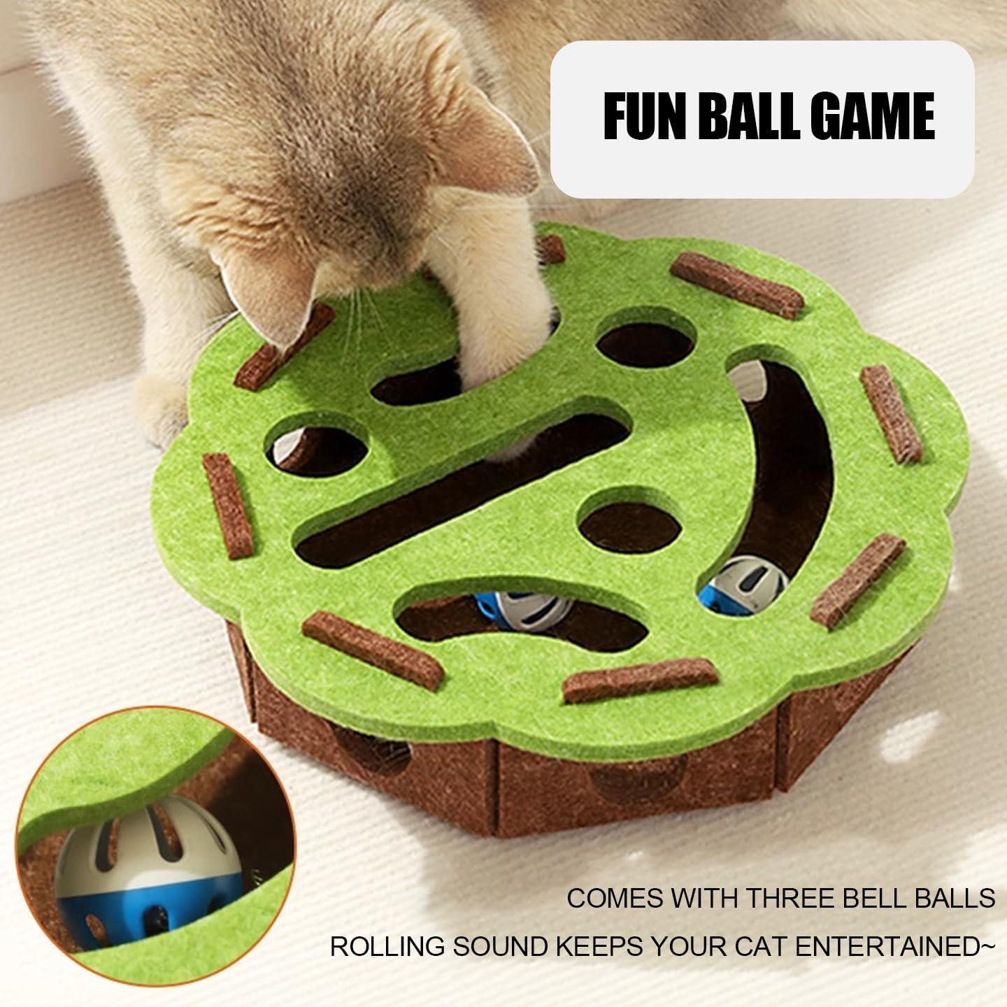 Interactive Cat Toy Box with 3 Jingle Balls – Felt Puzzle Feeder Maze for Cats, Educational Slow Feeder Toy, Indoor Cat Entertainment, 30cm Round Smart Cat Play Box (Camel White)