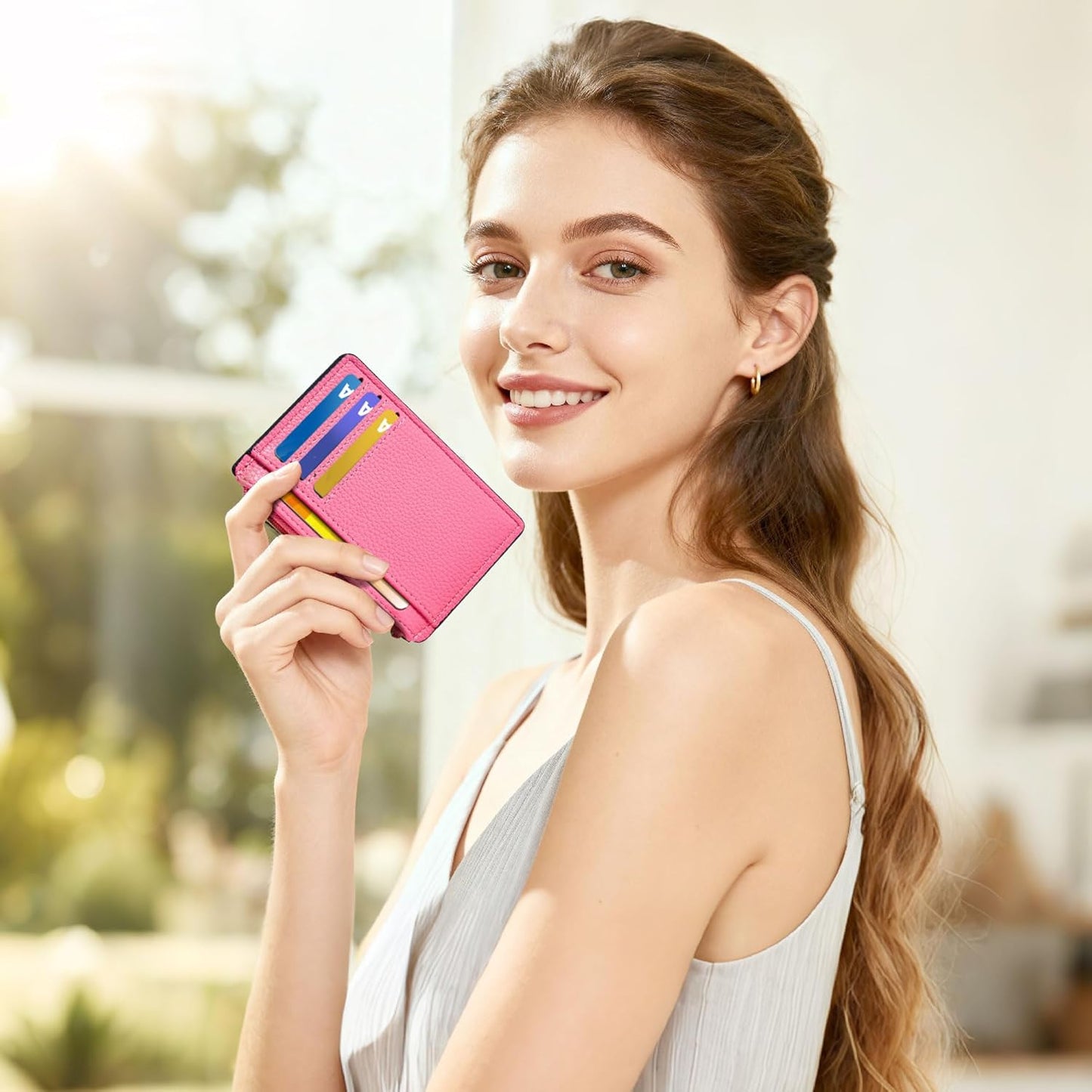 Credit Card Holder for Women Slim Minimalist Front Pocket RFID Blocking Wallet Small Compact Card Case with ID Window, Vibrant Pink