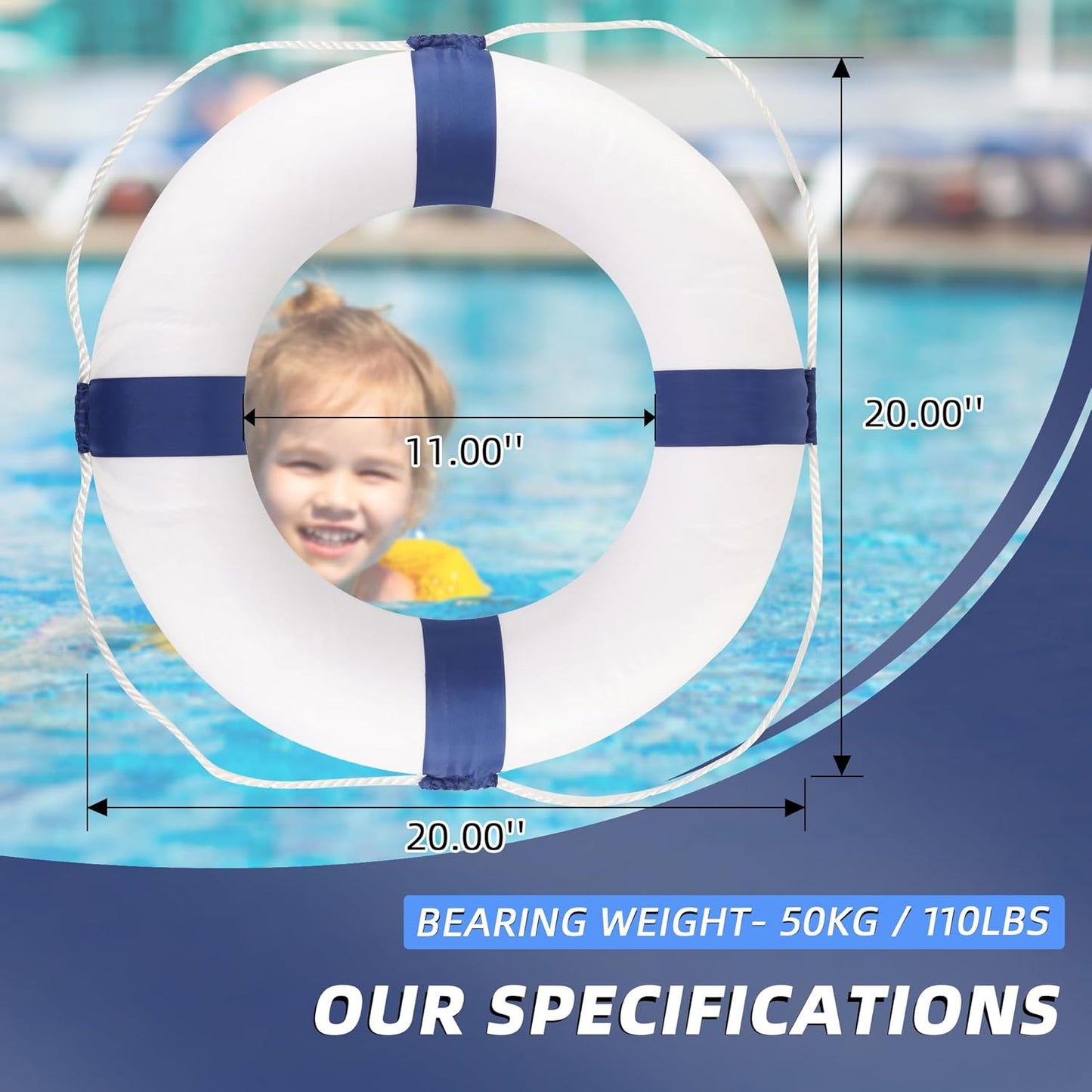 20" Foam Life Preserver Ring with 98.4ft Floating Lifesaving Rope, Throwable Flotation Device, Pool Safety Float, for Buoy and Swimming Decoration, Boat Safety Equipment