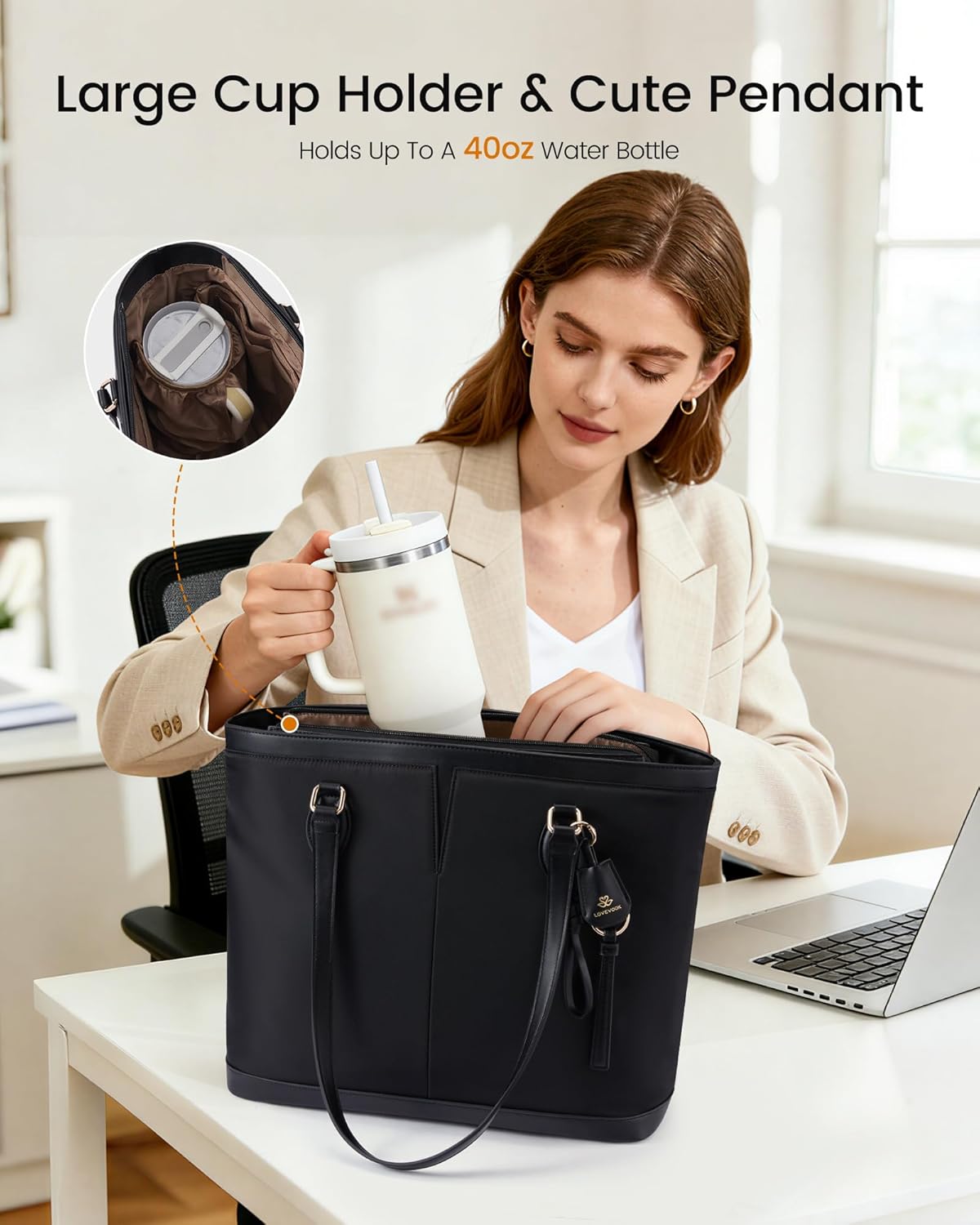 LOVEVOOK Laptop Tote Bag for Women, Lightweight Work Tote with Cup Holder, Waterproof Large Computer Bag for Office Travel
