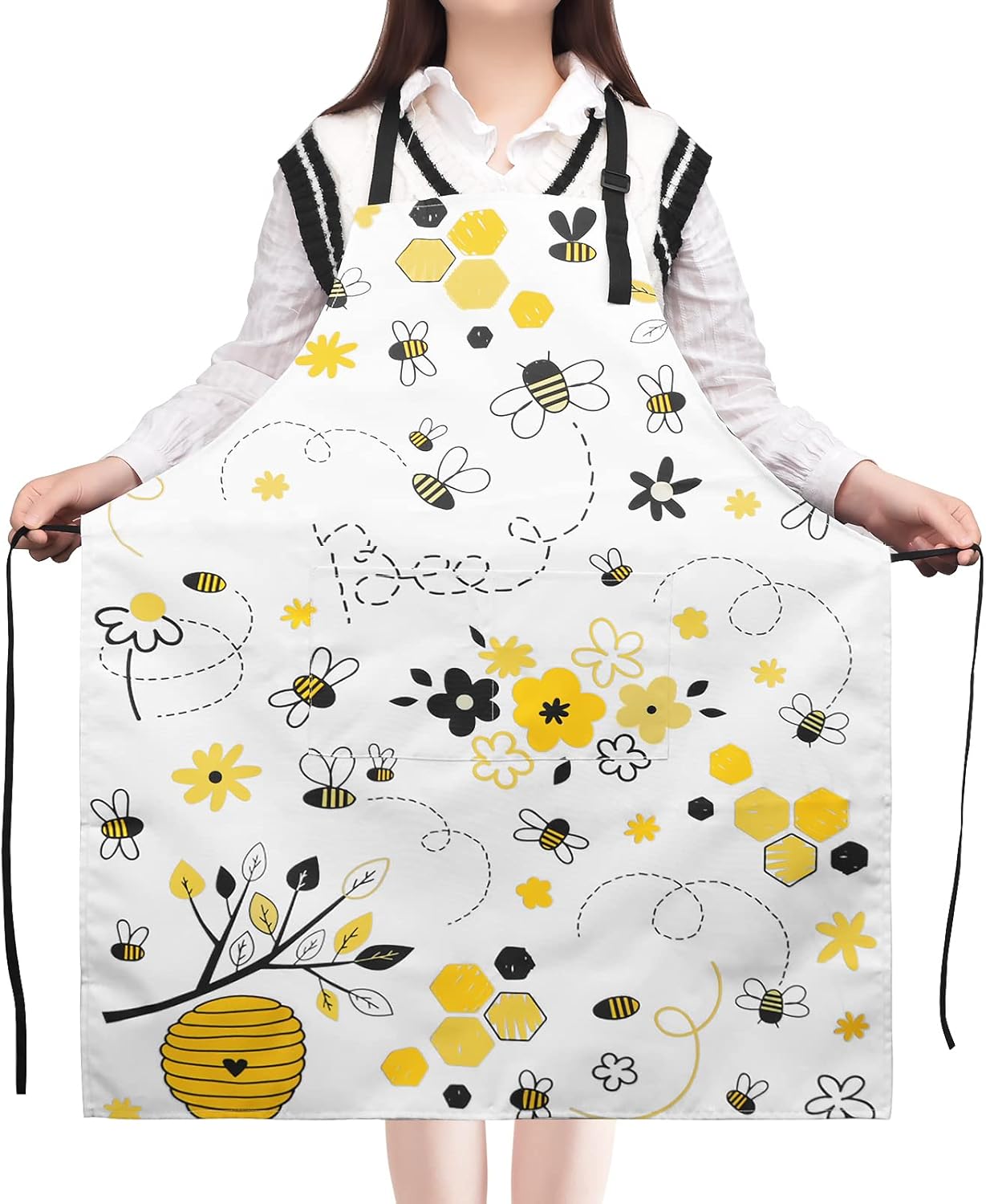 Bee Aprons for Women with 2 Pockets, Adjustable Waterproof Cute Kitchen Apron for Cooking Baking Dishwashing, BBQ, Gardening, Spring Easter Decor, Gifts for Mom Wife, Women
