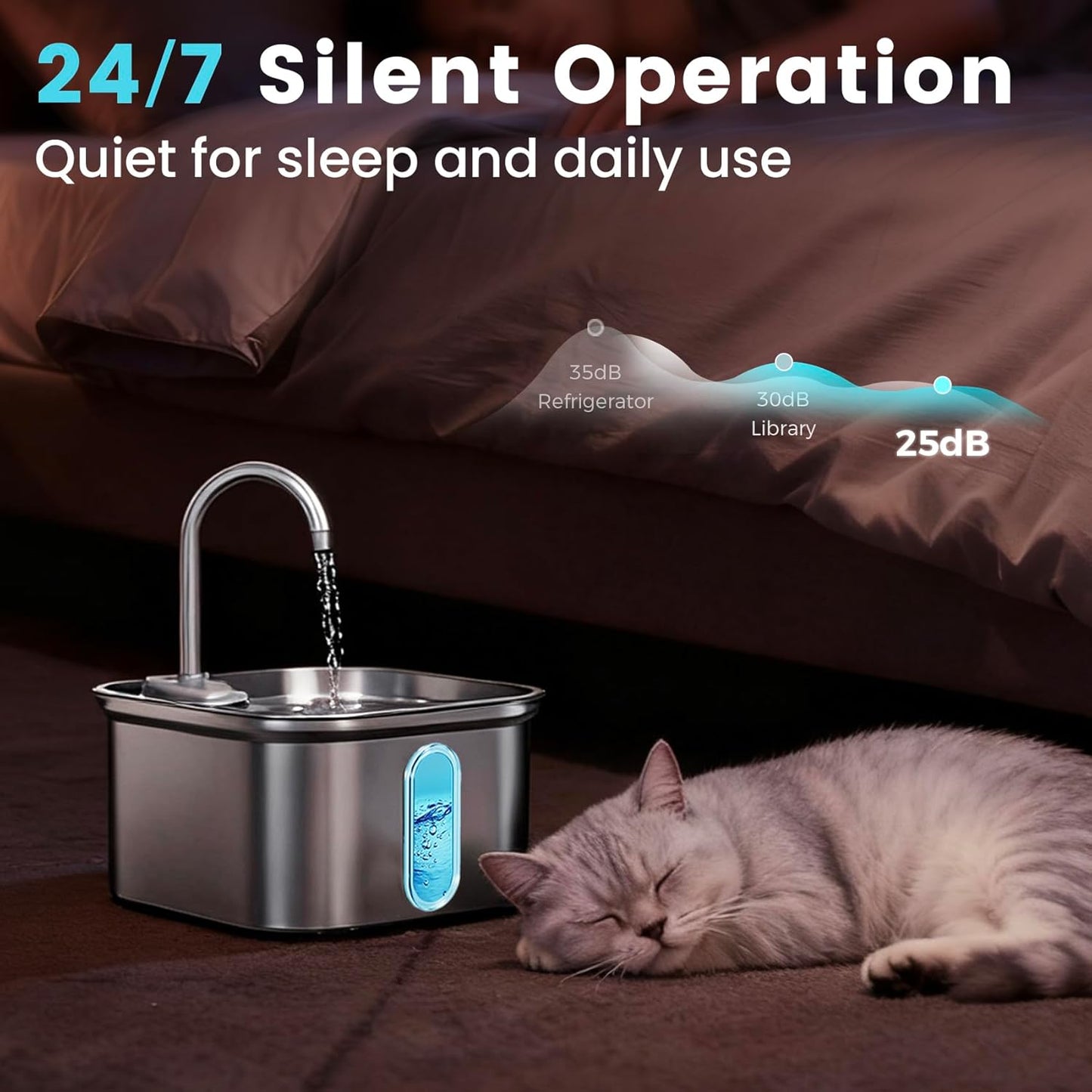 Cat Water Fountain Stainless Steel, 108oz/3.2L Quiet Automatic Cat Fountain for Drinking, Safe Auto Shut-Off, Large Square Pet Water Dispenser for Dogs Indoor with 1 Replacement Filter
