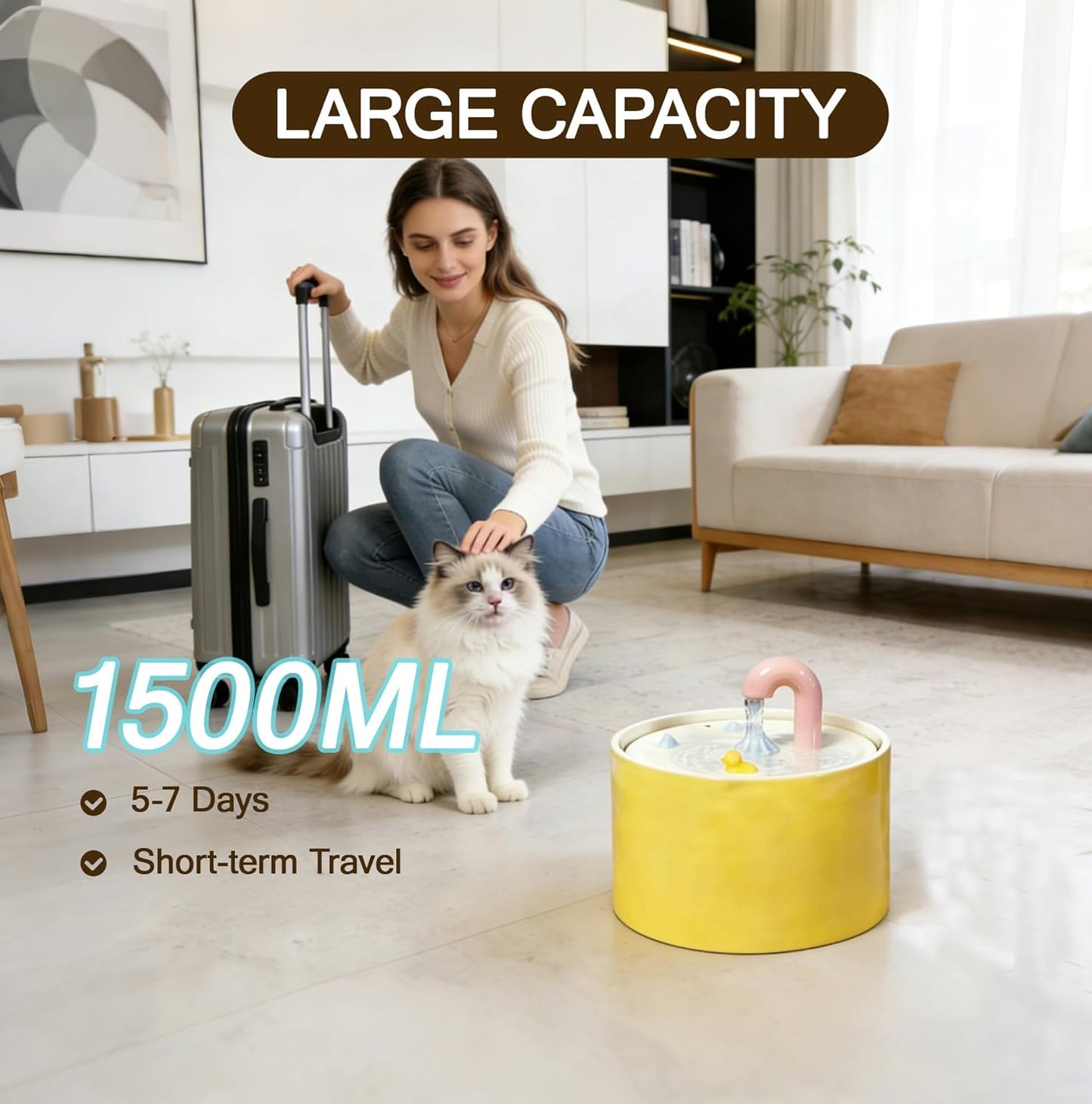 Ceramic Cat Water Fountain, 50oz/1.5L Yellow Ultra-Silent Automatic Pet Water Bowl Fountain Cat Water Dispenser for Pet Drinking Indoor with Cute Design, Activated Carbon Filter Perfect for Cats
