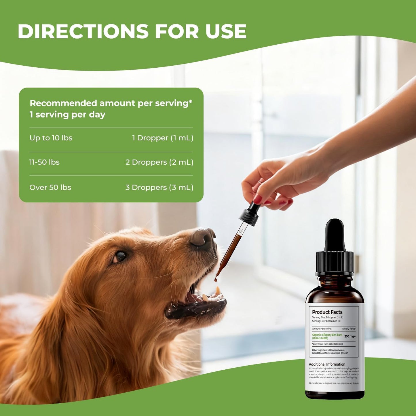 Slippery Elm for Dogs Liquid Drops, Organic Slippery Elm Bark Extract, Gut and Throat Comfort Support, Easy Mix-in Dog Supplement, Bacon Flavor, 2 fl oz