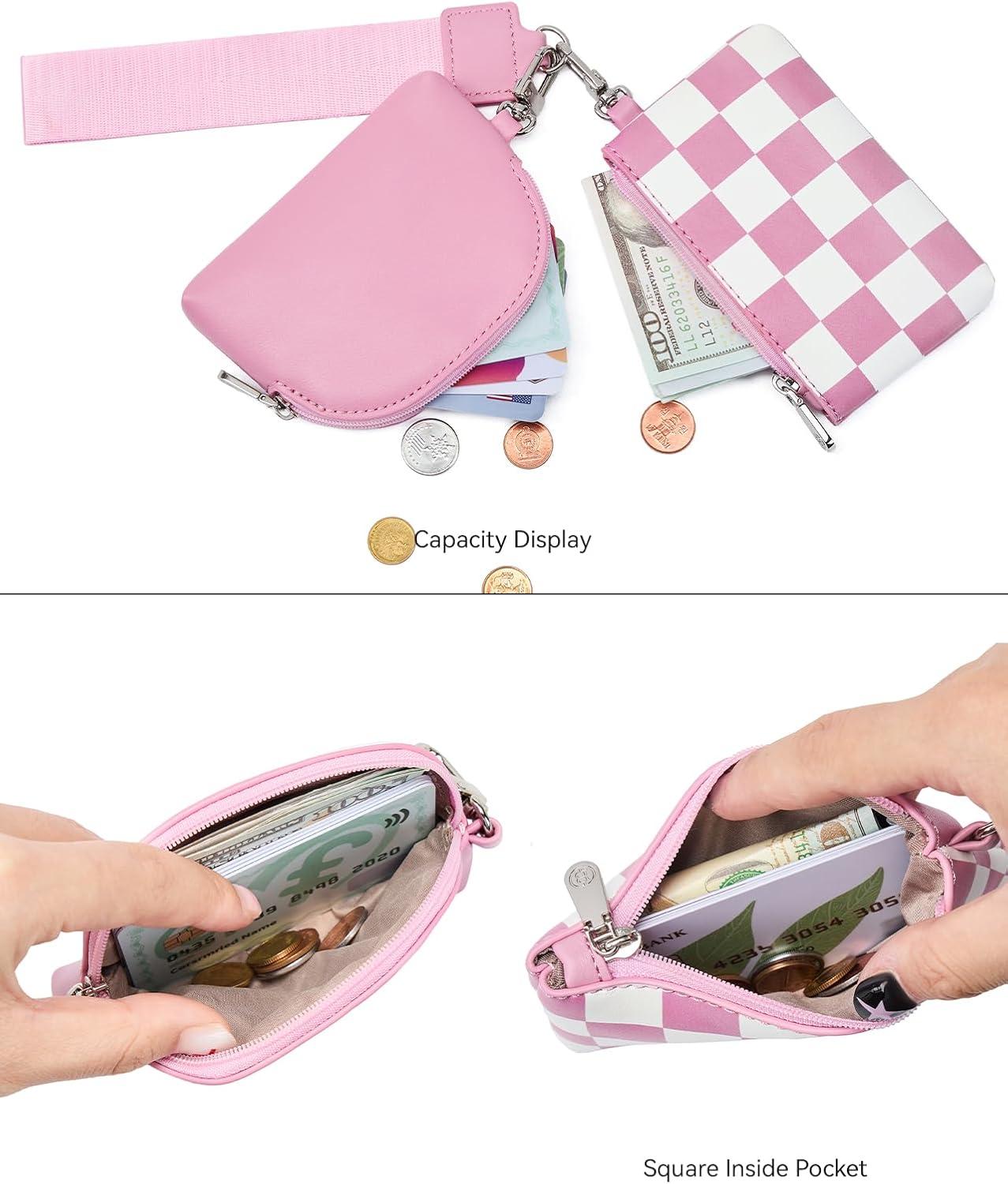 BOSTANTEN Small Wallet Checkered, Wristlet Wallets for Women RFID Detachable Dual Pouch Keychain Wristlet Wallet Cute Coin Purse, Pink and White