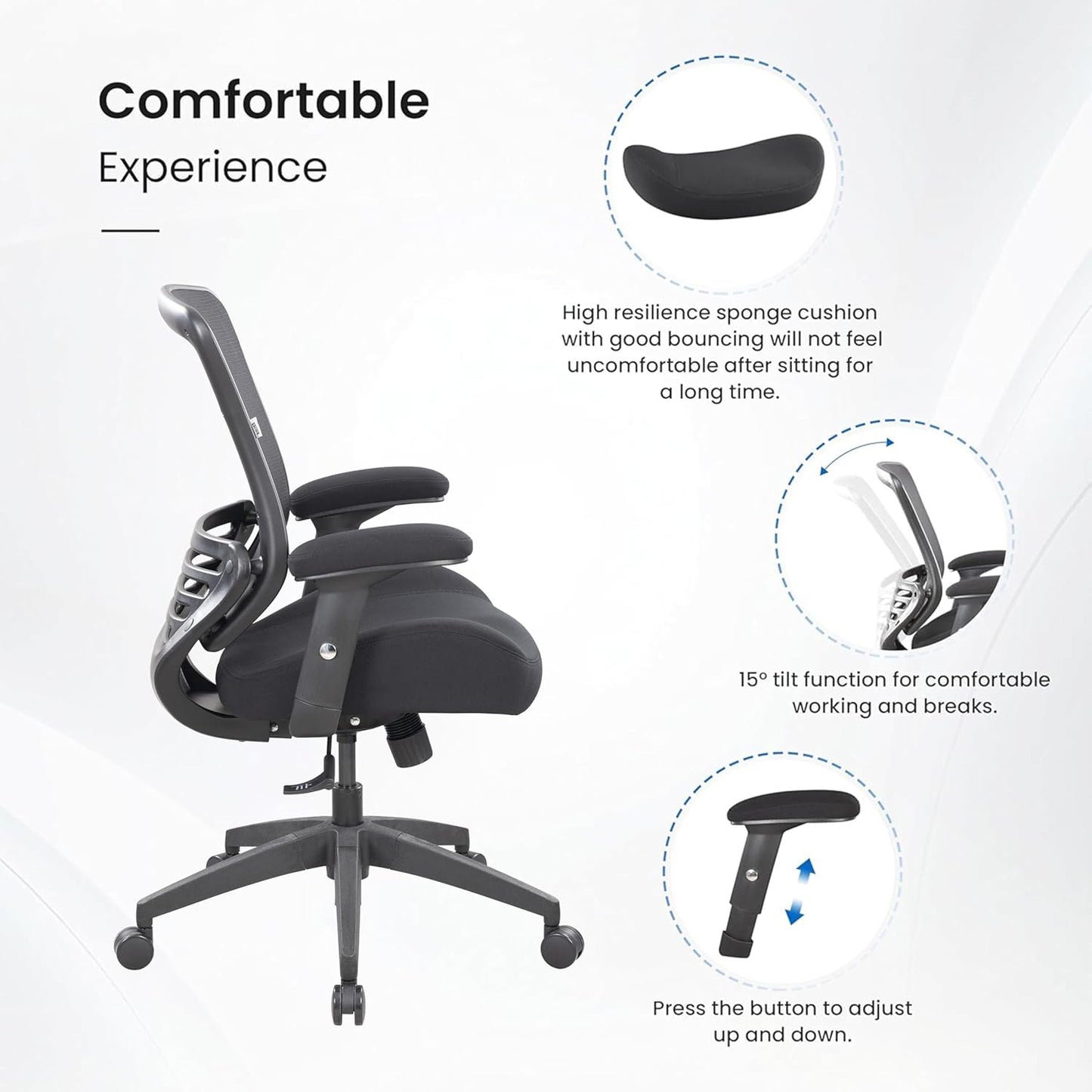 BOLISS Office Chair Mesh Ergonomic Super Soft Wide Cushion Computer Desk Chair Height Adjustable Arms(Black)