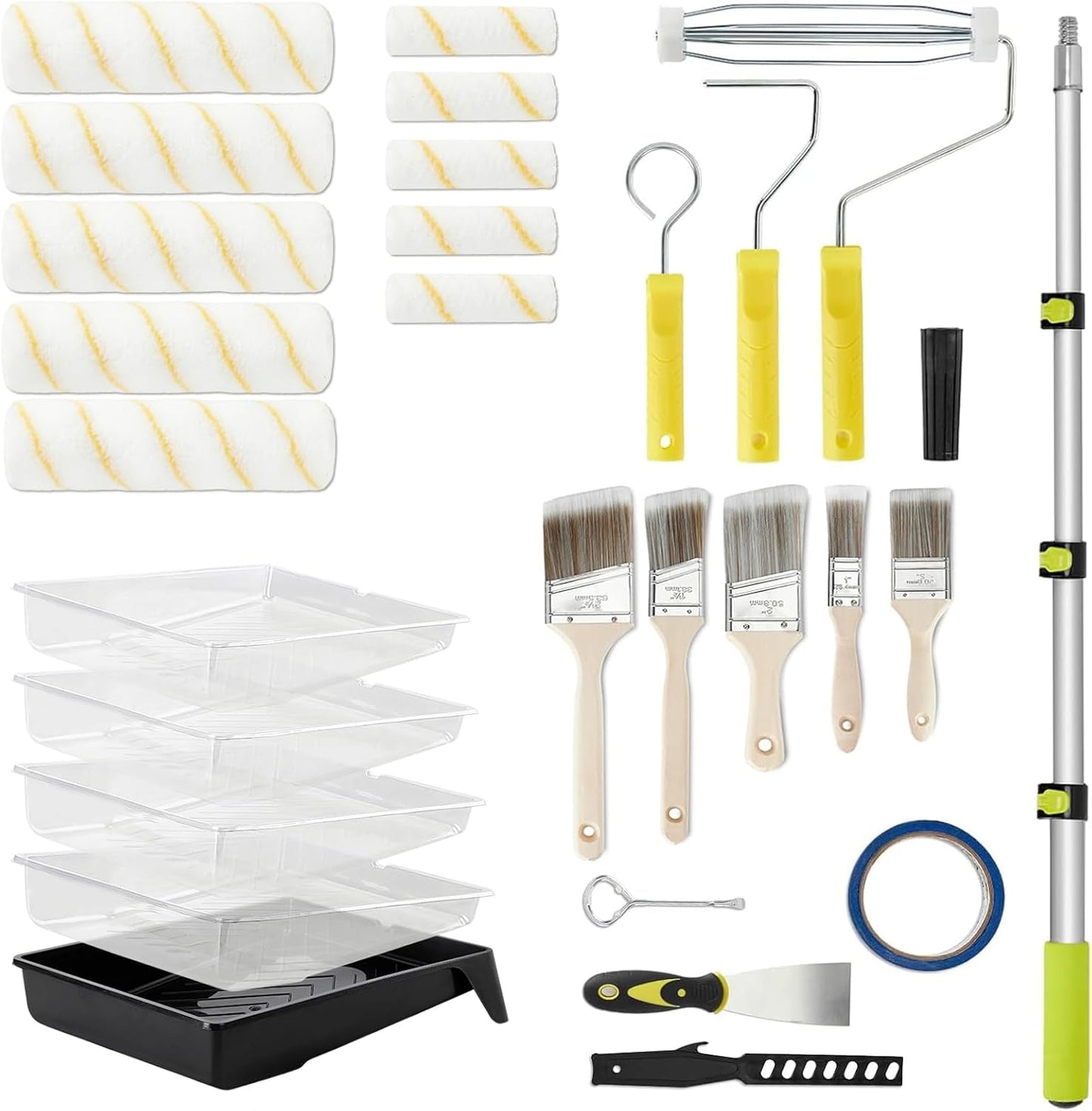 Paint Roller Kit, 29 Pcs Complete Paint Set with 2-4FT Extension Pole, Paint Rollers 9 Inch, 4 Inch Small Paint Rollers, Paint Brushes, Tray, All-in-One Painting Supplies for House Painting