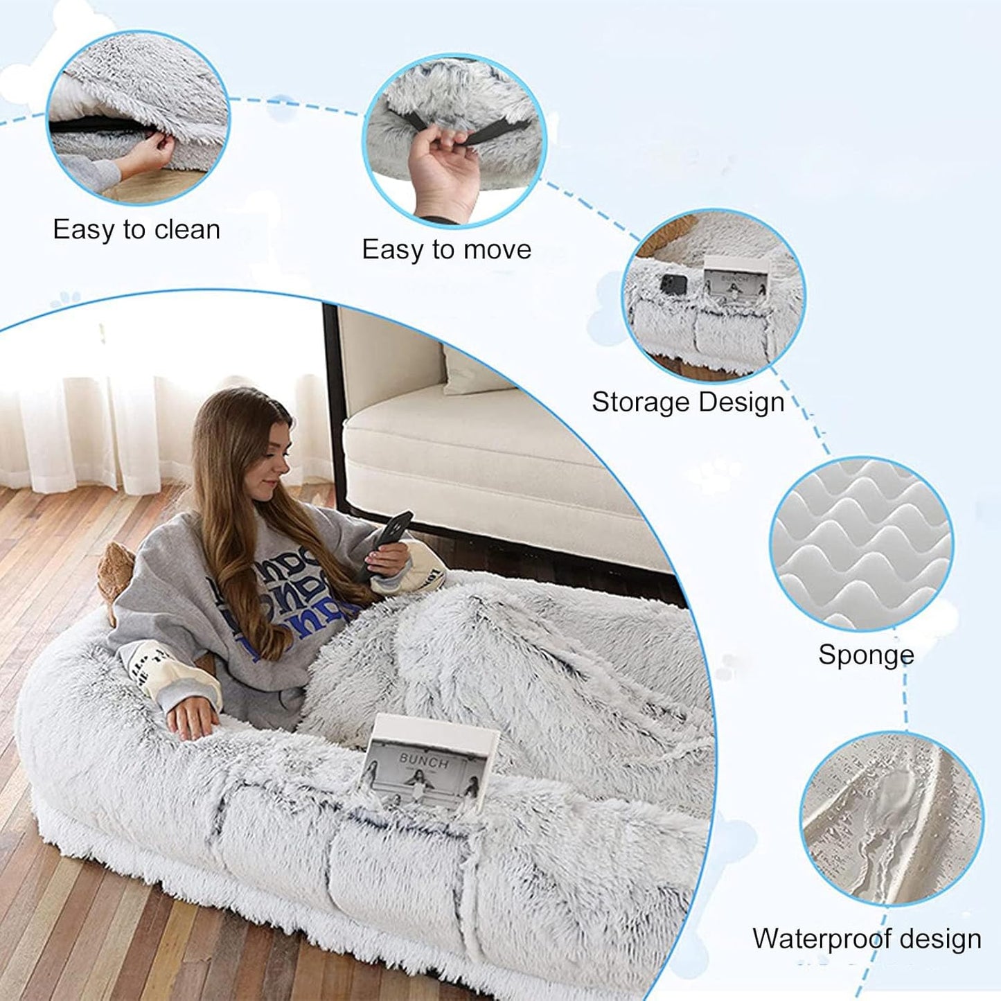 Human Dog Bed for People Adults and Pets, Large Dog Bed with Raised Cushioned Rim, Comfy Plush Large Bean Bag, Removable Cover, Washable Fluffy Floor Bed, Grey