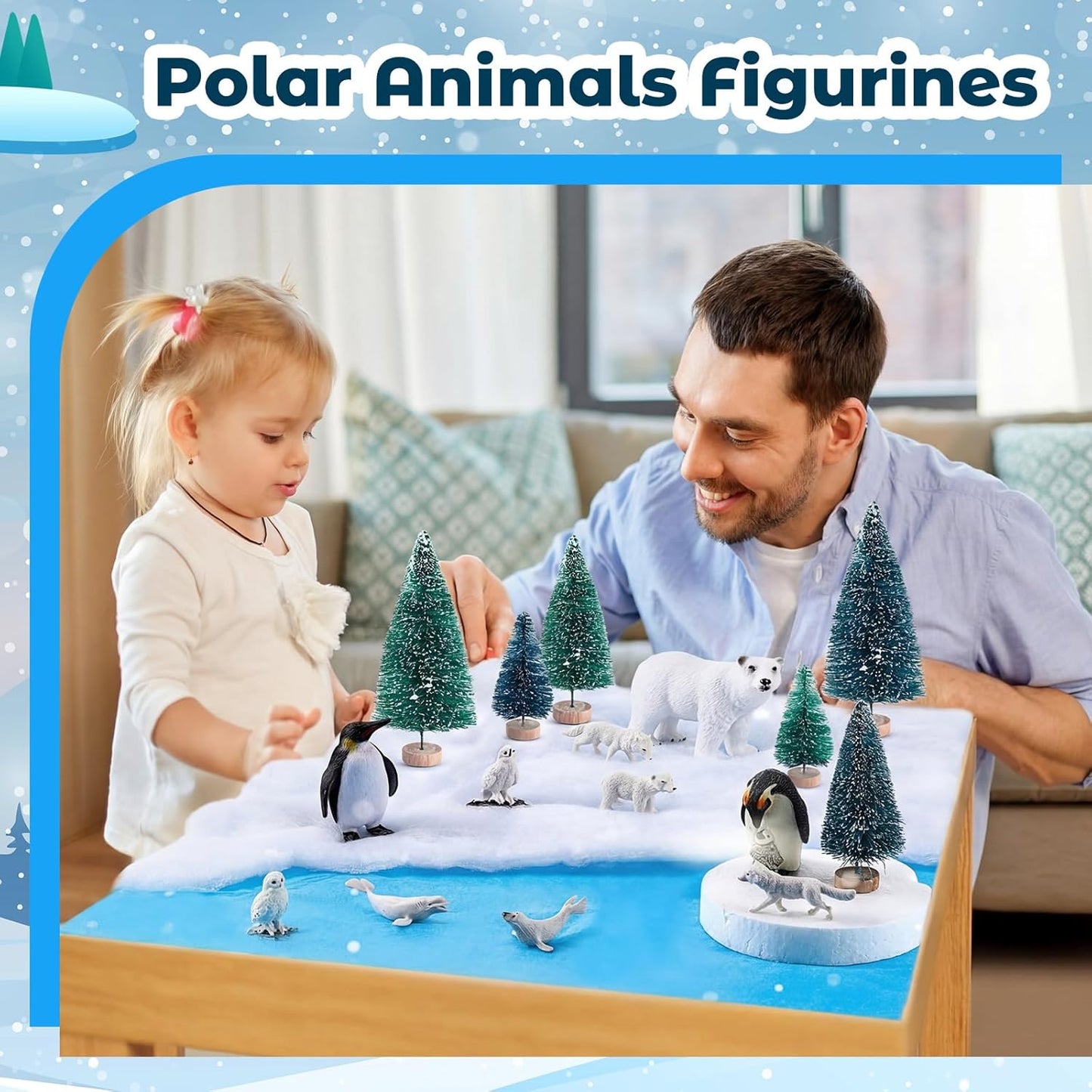19 Pcs Arctic Animals Figurines Set Polar Animal Figurine Polar Bear Penguin Figurines Winter Animal Toy Figures Pine Trees Artic Diorama Supplies for School Project Sensory Bin Filler DIY Craft Gifts