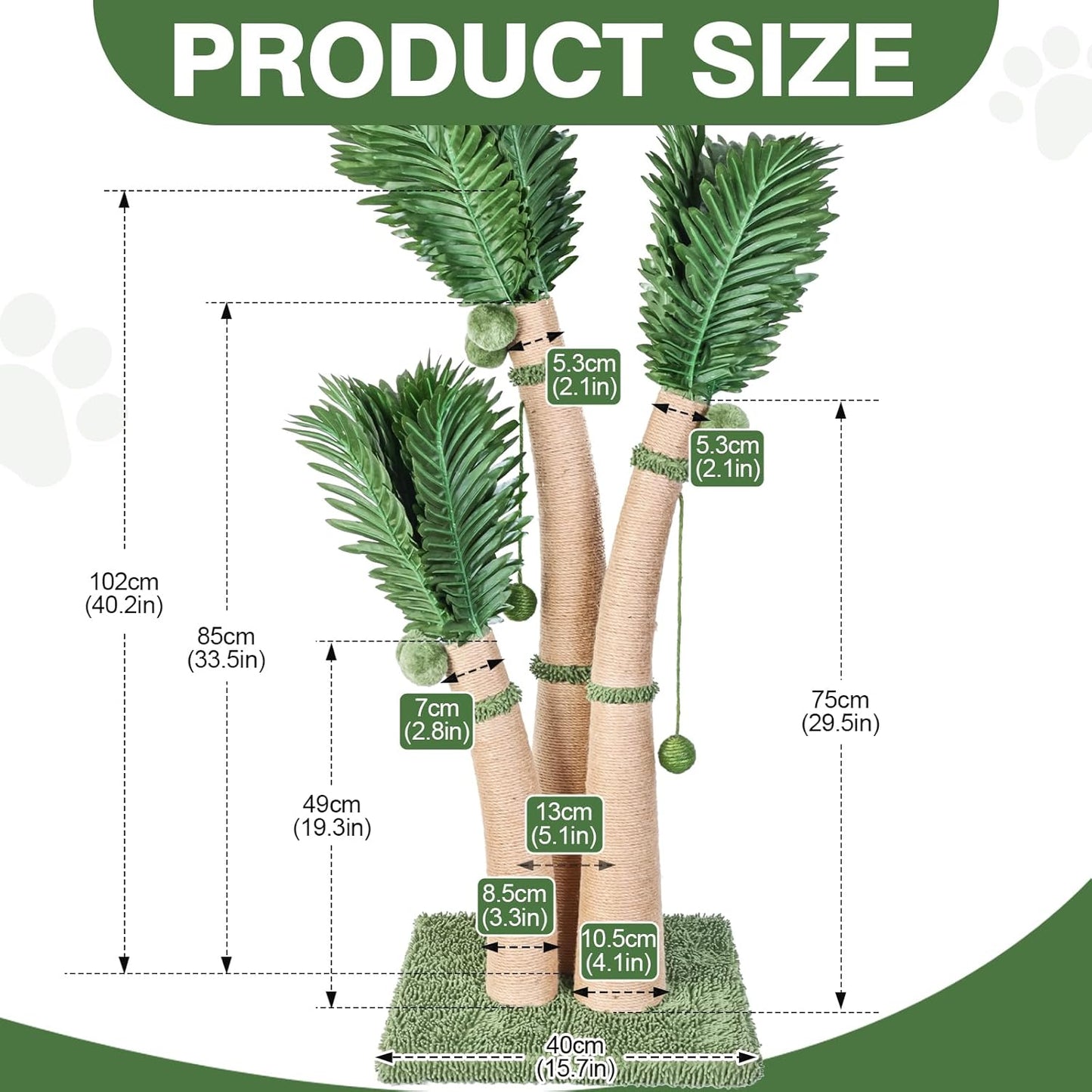 40'' Tall Cat Scratching Post Cat Tree, 3 Curved Design Palm Tree Cat Scratching Post with 8 Interactive Balls, Natural Sisal Rope Cat Scratchers for Indoor Cats, Multi-Combinable (Style D)