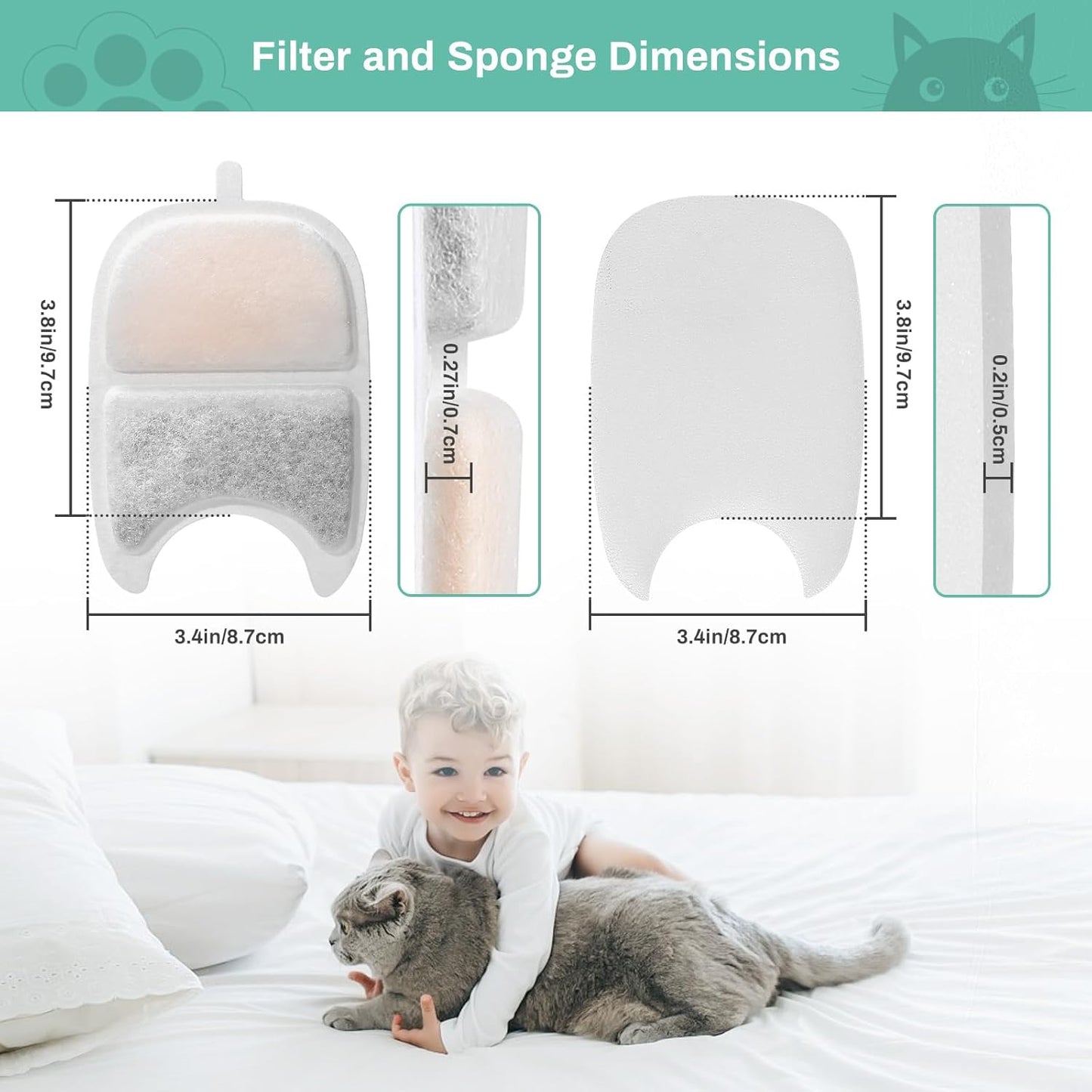 12 Set Replacement Filters & Sponges for 135 fl oz/4L Wilreless Cat Water Fountain, BFLICROY Cat Water Fountain Filters, Triple Filtration Pet Fountain Filter Replacement, Dog Fountain Filter