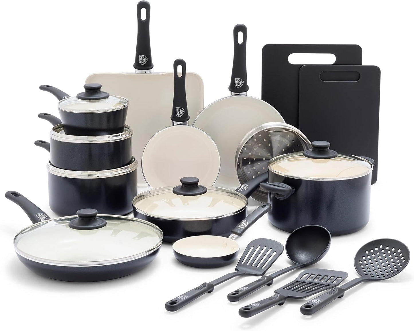 GreenLife Soft Grip Healthy Ceramic Nonstick 23 Piece Kitchen Cookware Pots and Frying Sauce Saute Pans Set with Kitchen Utensils, PFAS-Free, Dishwasher Safe, Black