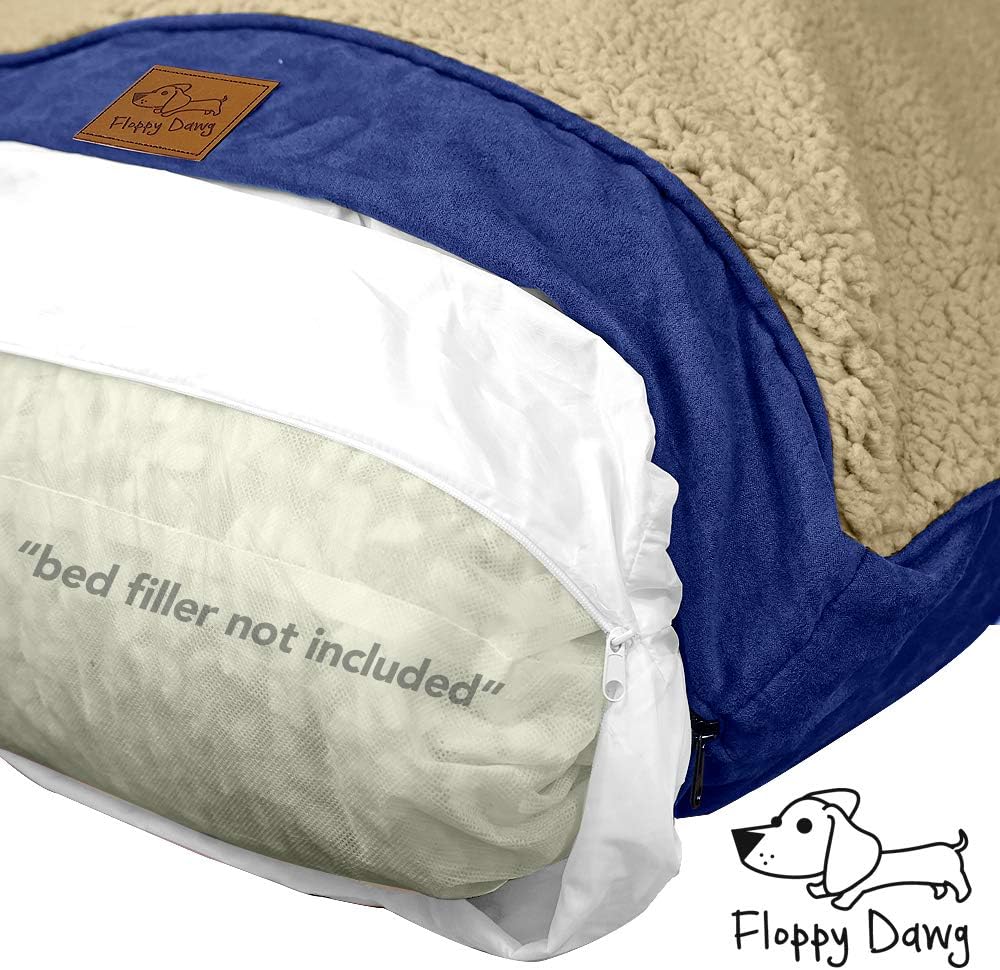 Floppy Dawg Large Dog Bed Replacement Cover and Waterproof Inner Liner. Save a Damaged Dog Bed. Protect a Pillow. Make a New Bed. 40L x 28W. Blue with Beige Top.