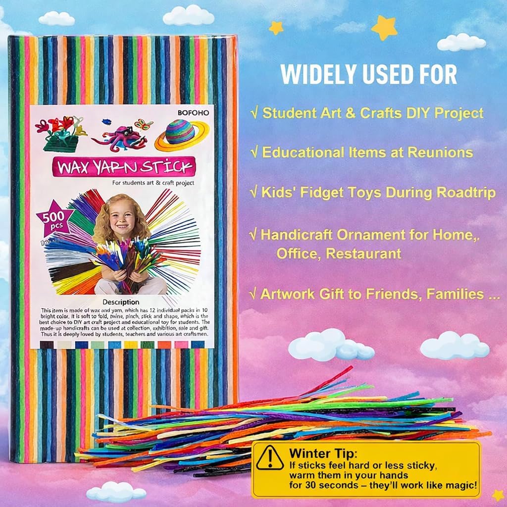 500PCS Wiky Sticks for Kids – Easter Gitfs Mess-Free Sensory Toy, Non-Toxic Wax Yarn Sticks for Travel, Road Trips, Airplane & Restaurant Activities, DIY Arts & Crafts, 13 Colors