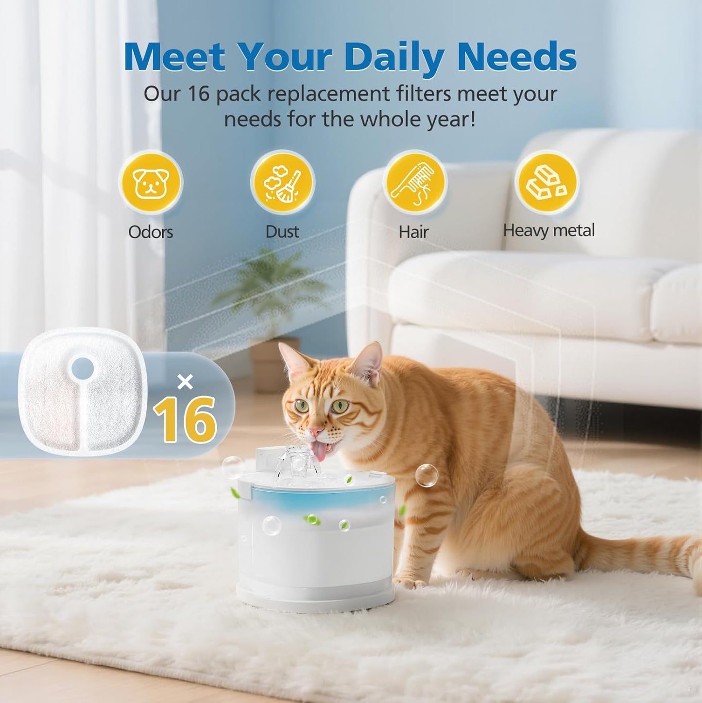 16 Pack Filter Replacements Compatible with E1/E1+ Cat Fountain (2L/67oz), Triple Filtration System Pet Water Dispenser Filter Replacement for Dogs and Cats