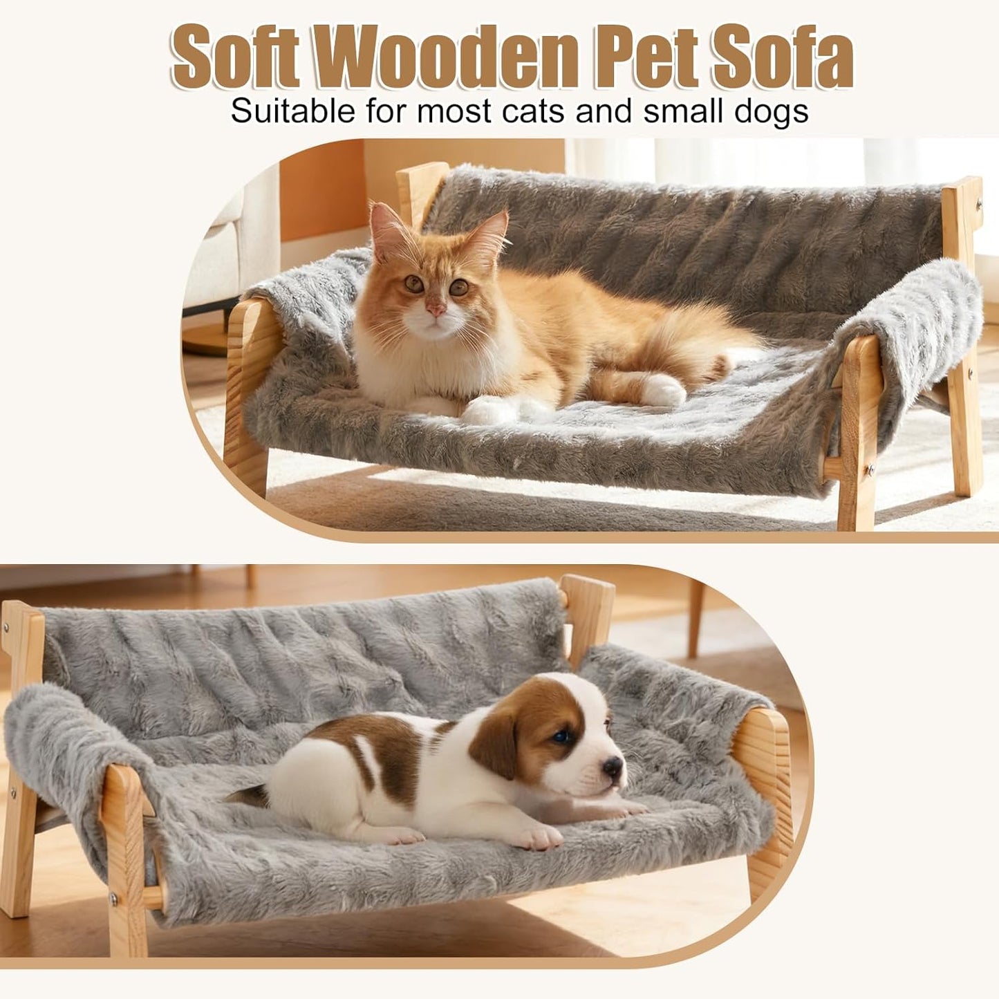 Elevated Cat Couch Bed for Indoor Cats, Large Cat Sofa Bed with Removable Fluffy Cover Wooden Raised Dog Bed, Washable Pet Dog Chair for Kitten Puppy Small Animals, 27”x18.6”x11.8”
