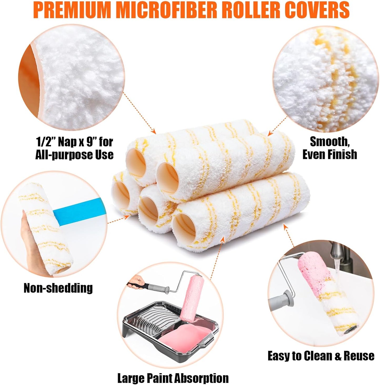 6pcs House Paint Roller Kit, 9 inch Extendable Roller Frame with 5 Microfiber Roller Covers 1/2" Nap, Adjustable Painting Roller (18" - 36") for Walls, Ceilings, Floor, Home Painting Supplies