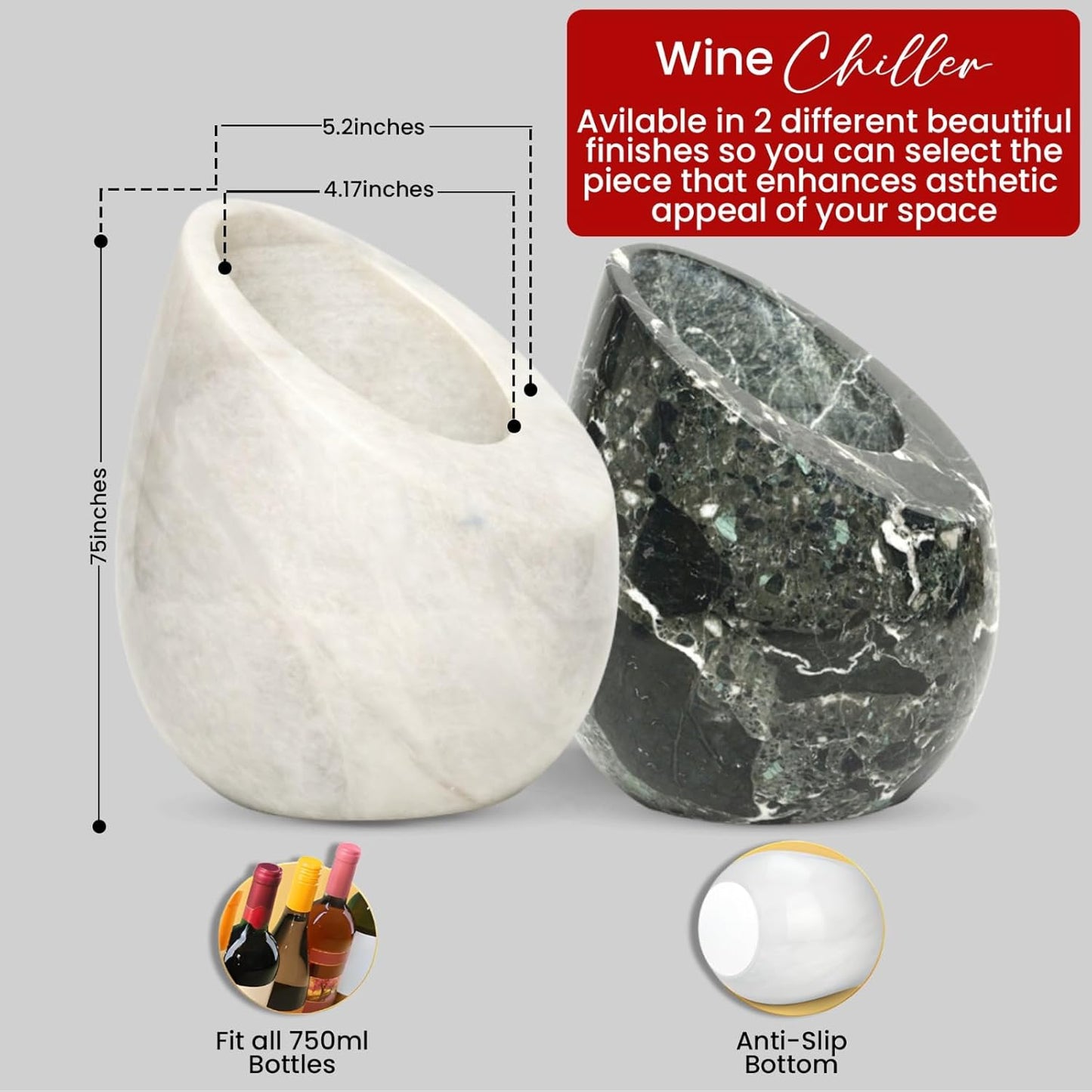 Marble Wine Chiller Bucket Set With 2 Marble Coasters – 750ml Wine Bottle Cooler for Party, Dinner, Kitchen & Bar Cart Decor – Elegant Champagne Cooler Gift for Wine Lovers (White)