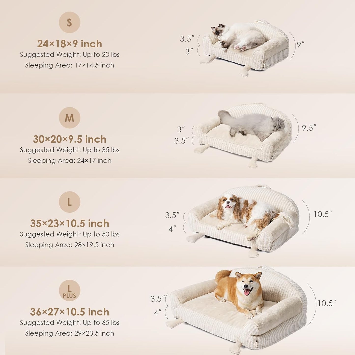 EHEYCIGA Washable Dog Beds for Large Dogs for Crate 35 Inch - Striped Cat Couch for Indoor Cats with Removable Cover, Shredded Memory Foam Waterproof Puppy Bed with Non - Slip Bottom, Cream
