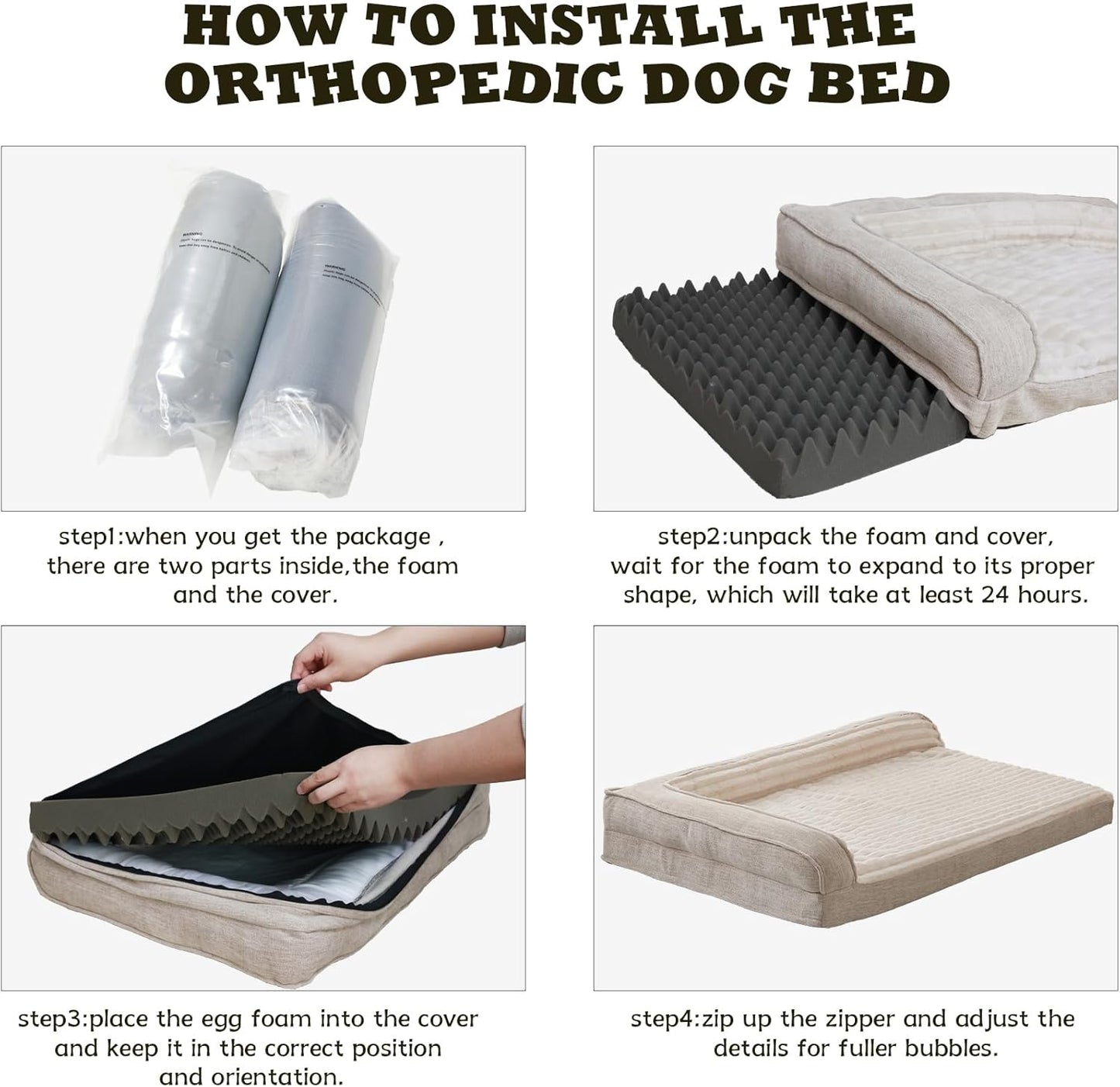 WINDRACING Orthopedic Dog Beds for Large Dogs, Waterproof Egg Foam Dog Sofa Bed with L Bolster Sides, Washable XLarge Pet Bed with Removable Cover & Non-Slip Bottom, 40 x 28 inch, Beige