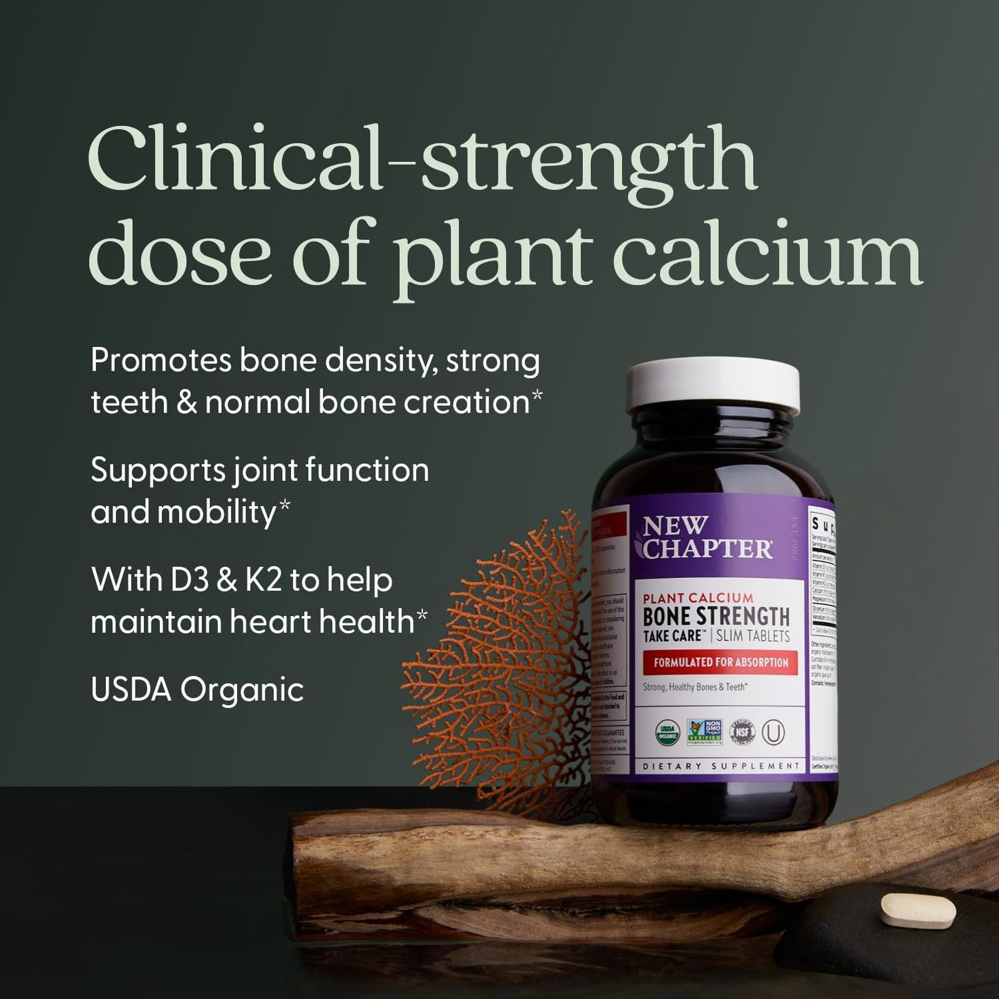 New Chapter Calcium Supplement - Bone Strength Plant-Based USDA Organic Calcium with Magnesium, Vitamin D3+K2, for Bone Health & Joint Mobility, Heart Support, 905 mg dose - 120 Slim Tablets