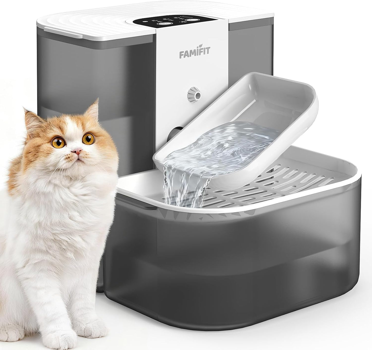[New Upgrade] Famifit 4.5L+2L Automatic Cat Water Fountain (Non-Heated), 2000mAh Battery, Timed 3/6/9H & 80/100/120ml Control, Clean Water System, No Filter, Ceramic Bowl, Ultra Quiet