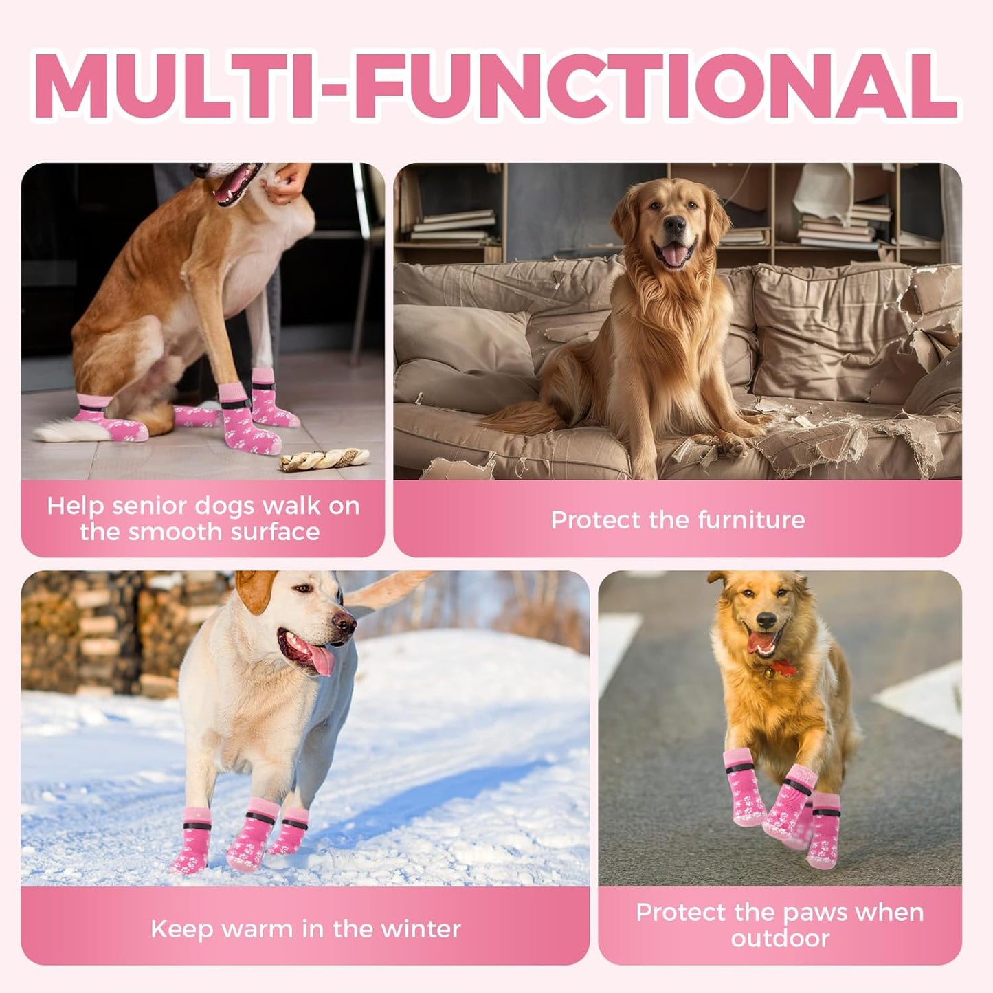 Non-Slip Dog Socks Prevent Licking Paws,Socks for Senior Dogs Walk on Hardwood Floor,Dog Grippers with Strong Traction,Dog Essentials,Pink 2 Pairs,L